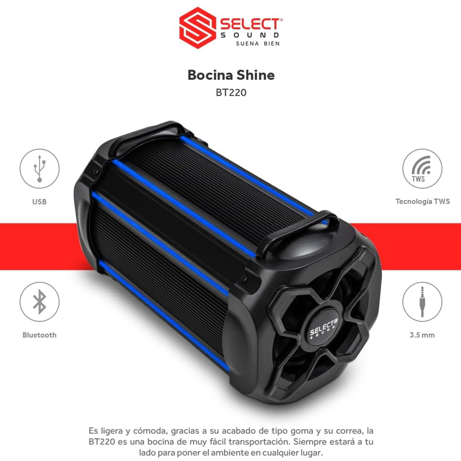 Bocina Shine Subwoofer Select Sound BT220 con Tws, Bluetooth, Radio Fm