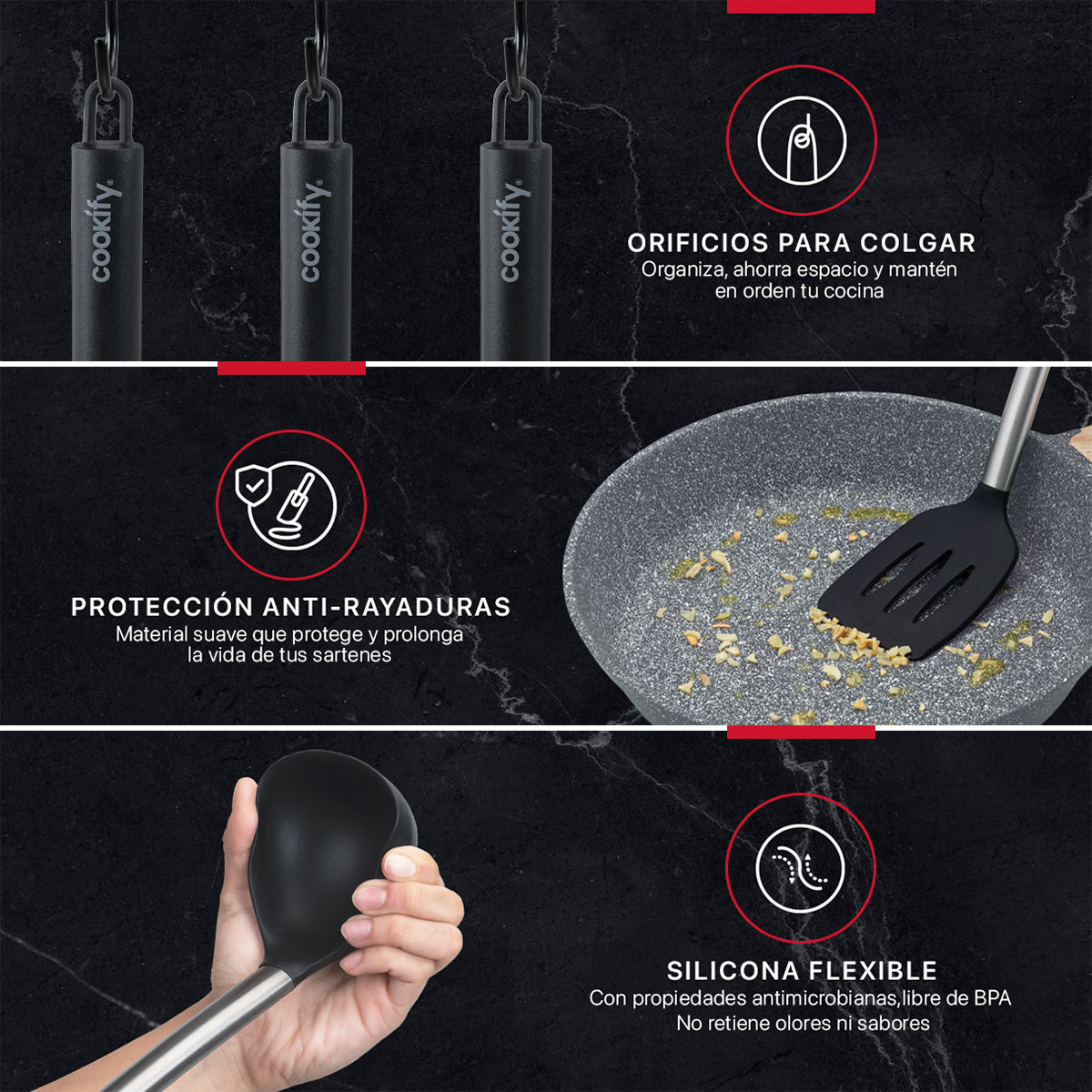 Set 24 pzas Utensilios de Cocina con Silicona y Acero Inoxidable Negro / Plateado Cookify