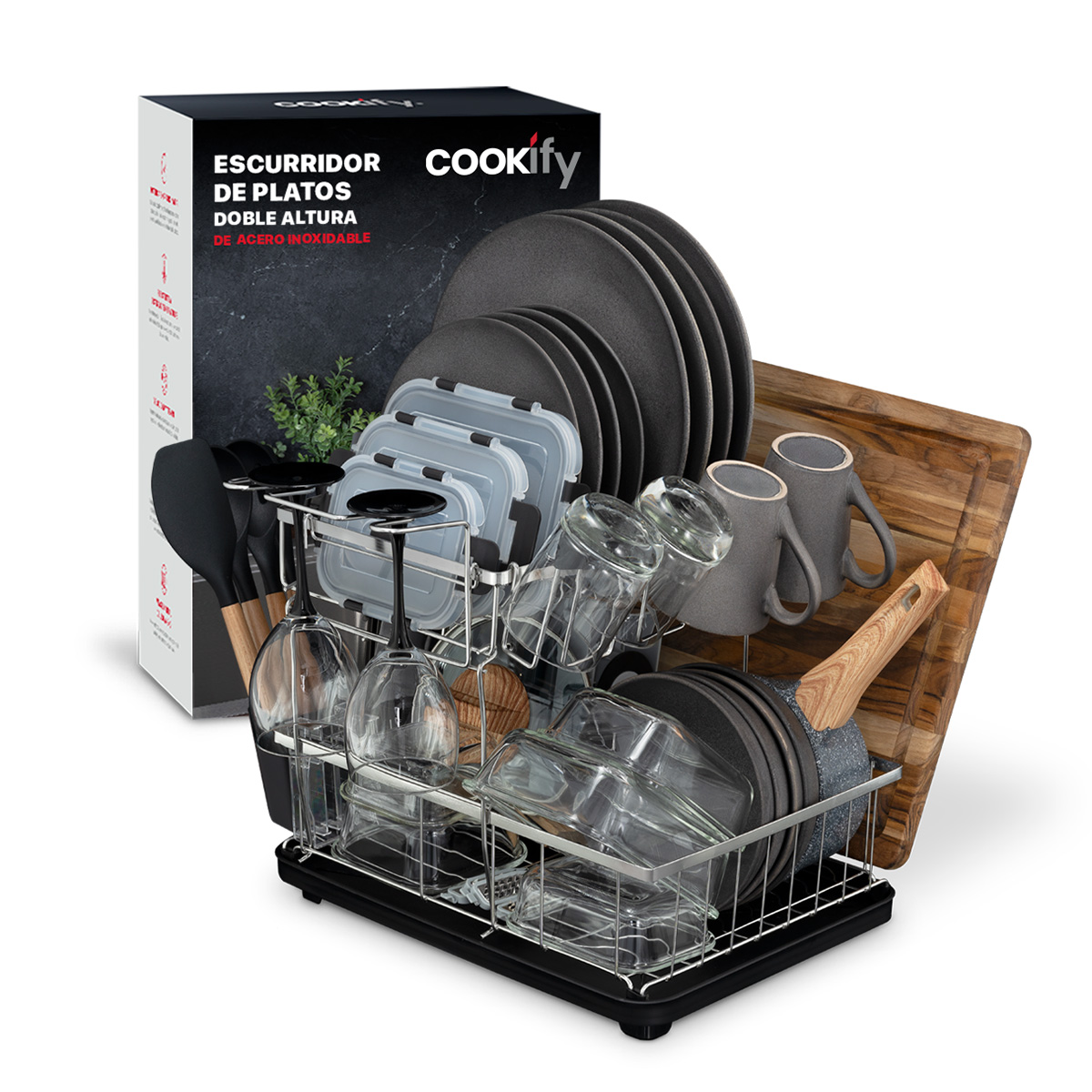 Escurridor de Trastes para Vajilla Platos Acero Inoxidable con 2 Niveles Cookify