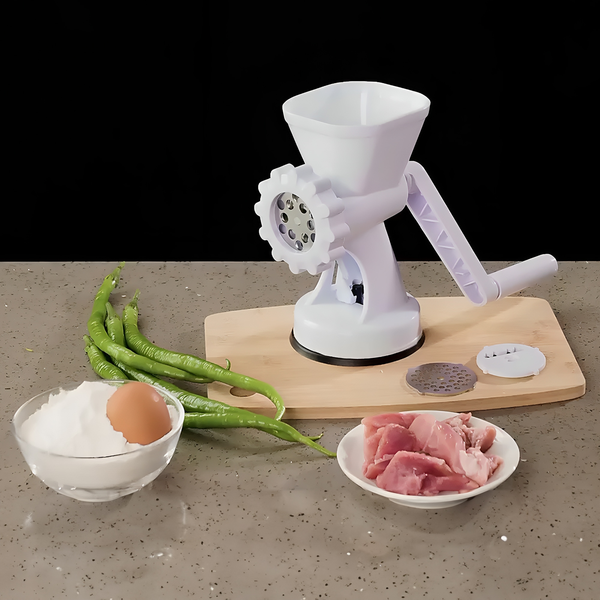 Molino de Carne Manual 2 en 1 Hiperware Muele Carne y Prepara Galletas Color Blanco