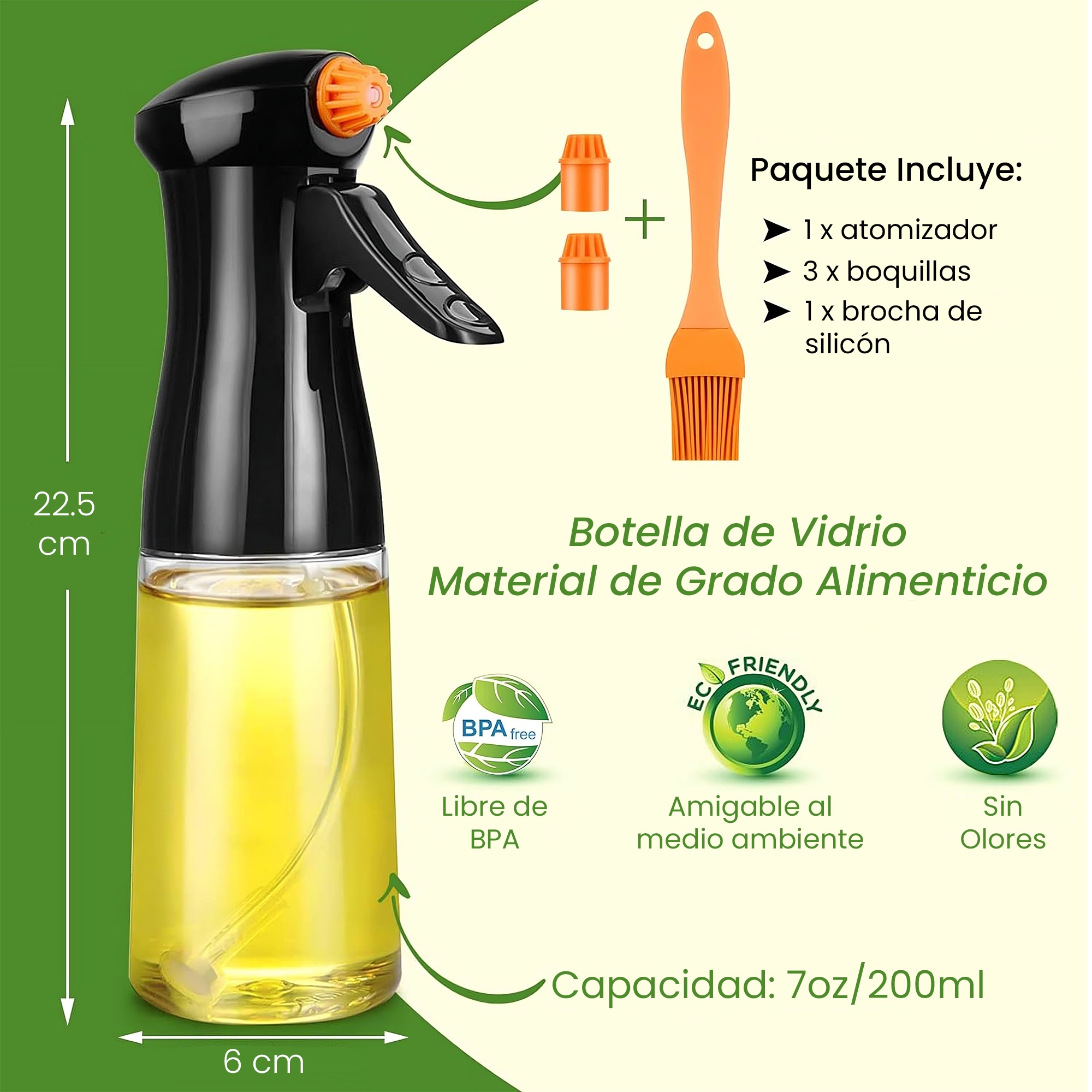 Dispensador Aceite Spray de Vidrio Hiperware de 200ml con Brocha Color Negro