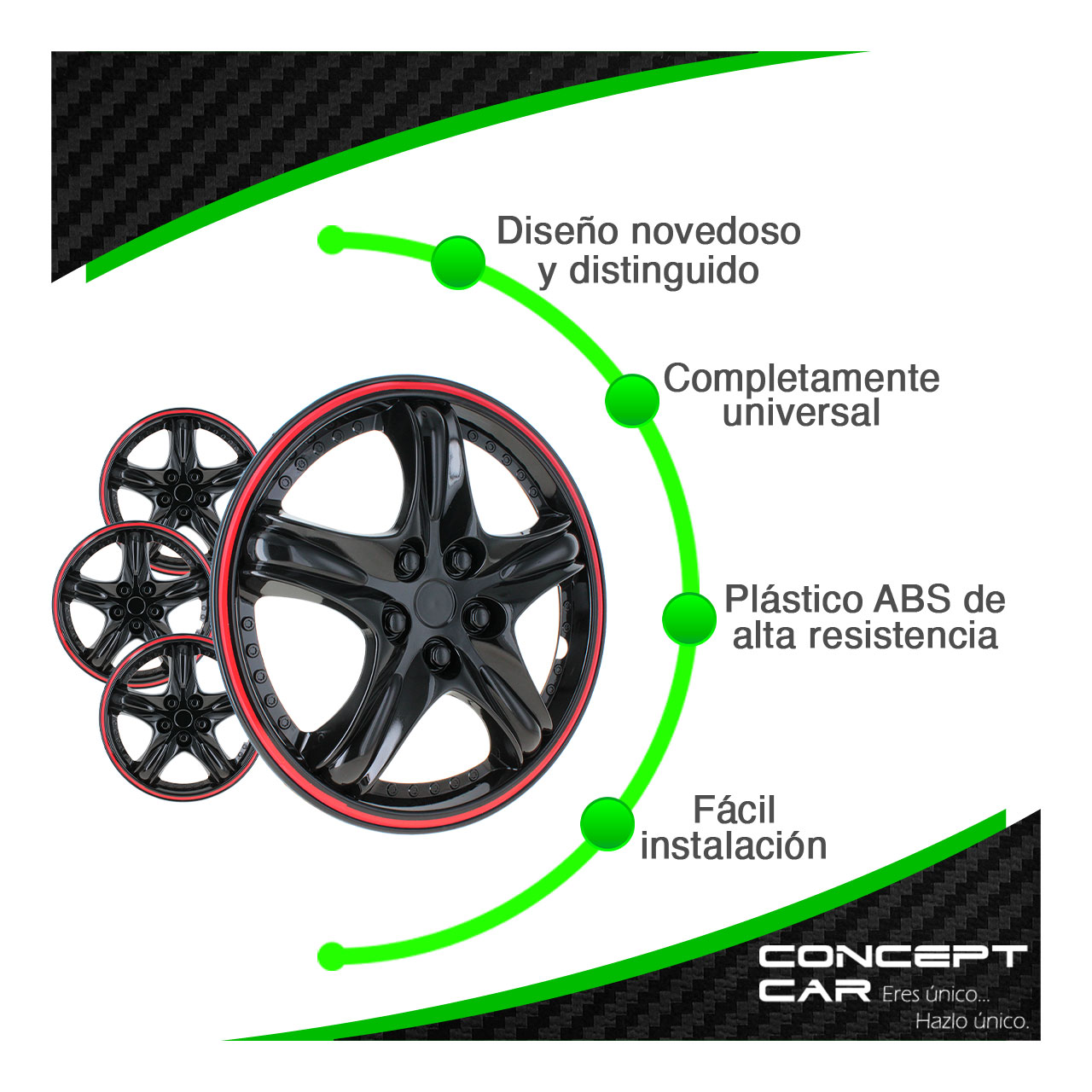 Juego 4 Tapones De Rin 13 Pulgadas Negro Brillante Rojo