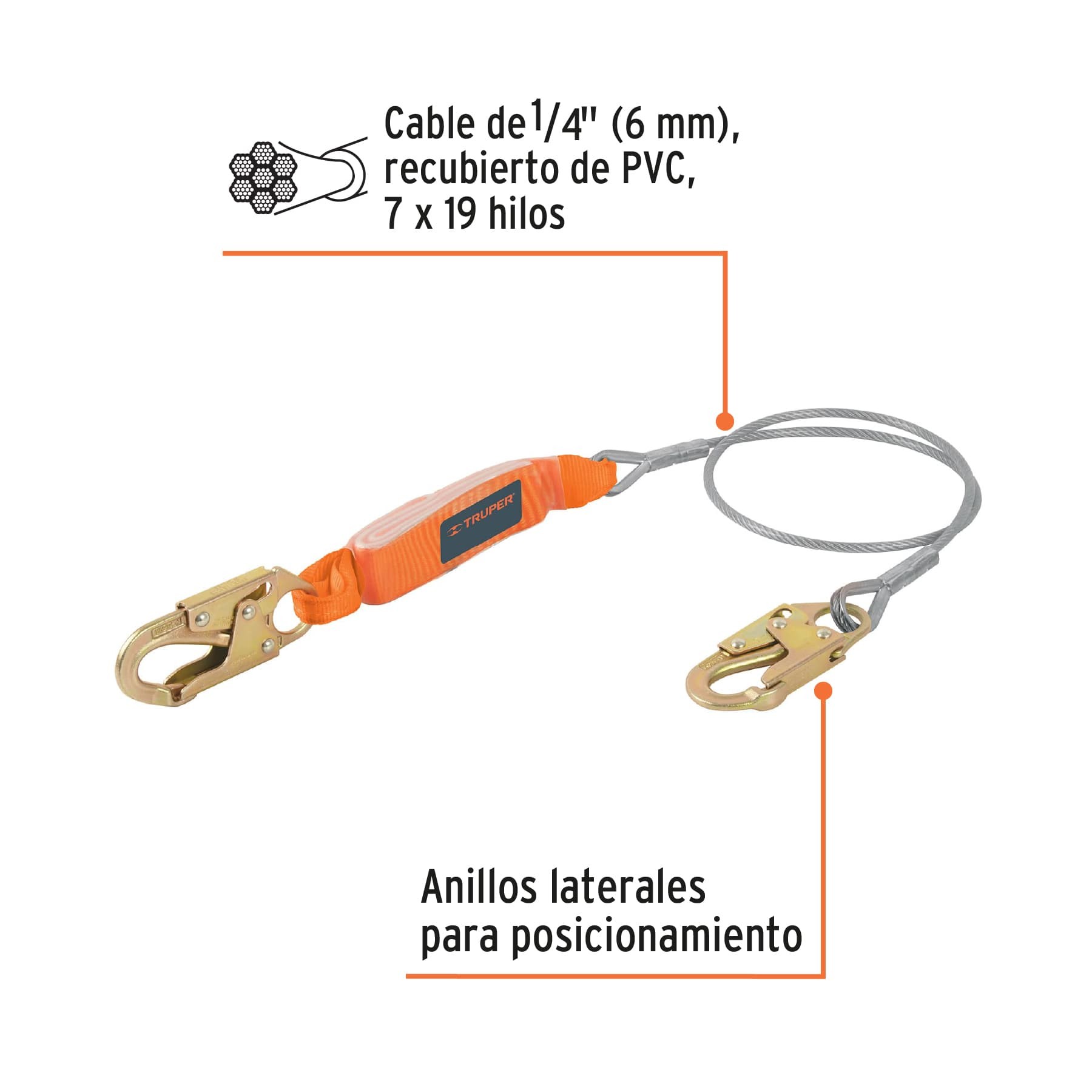 LÍNEA DE VIDA 1.8 M CABLE DE ACERO, ABSORBEDOR IMPACTO, ANSI TRUPER 17039