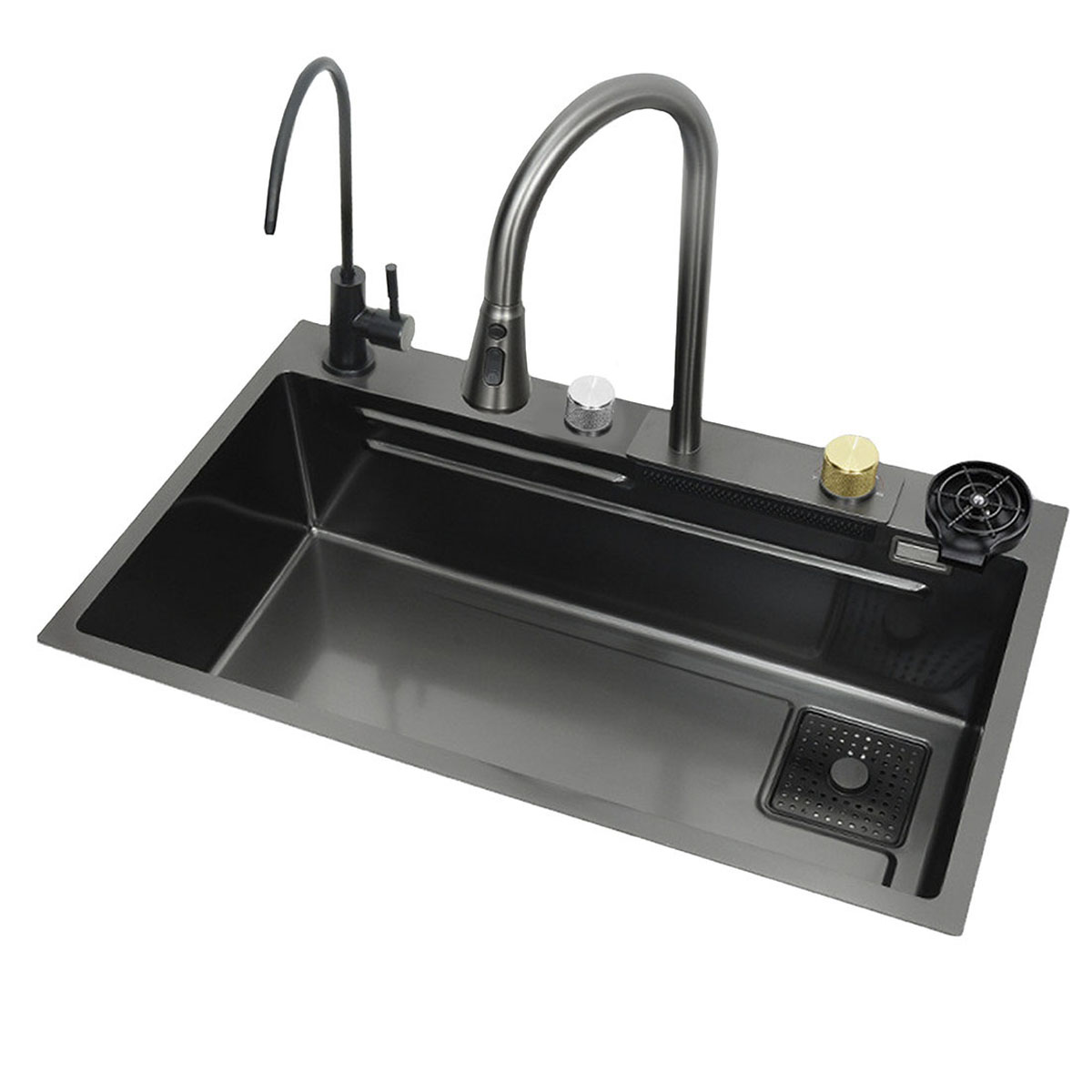 Tarja de cocina de acero inoxidable con cascada y grifo de extraible. Incluye Kit de desagüe y múltiples accesorios 80x45 cm.