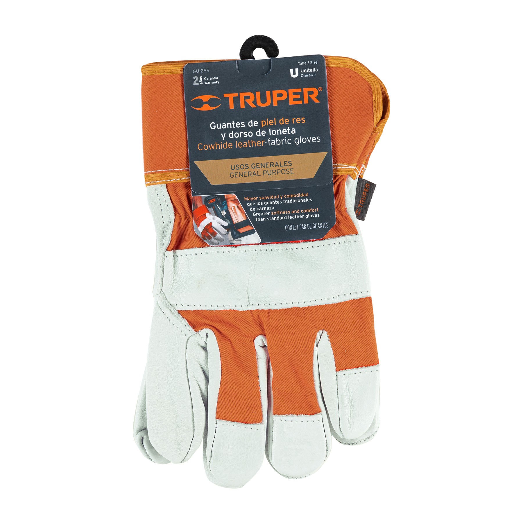 GUANTES DE PIEL DE RES Y DORSO DE LONETA, TRUPER 17051