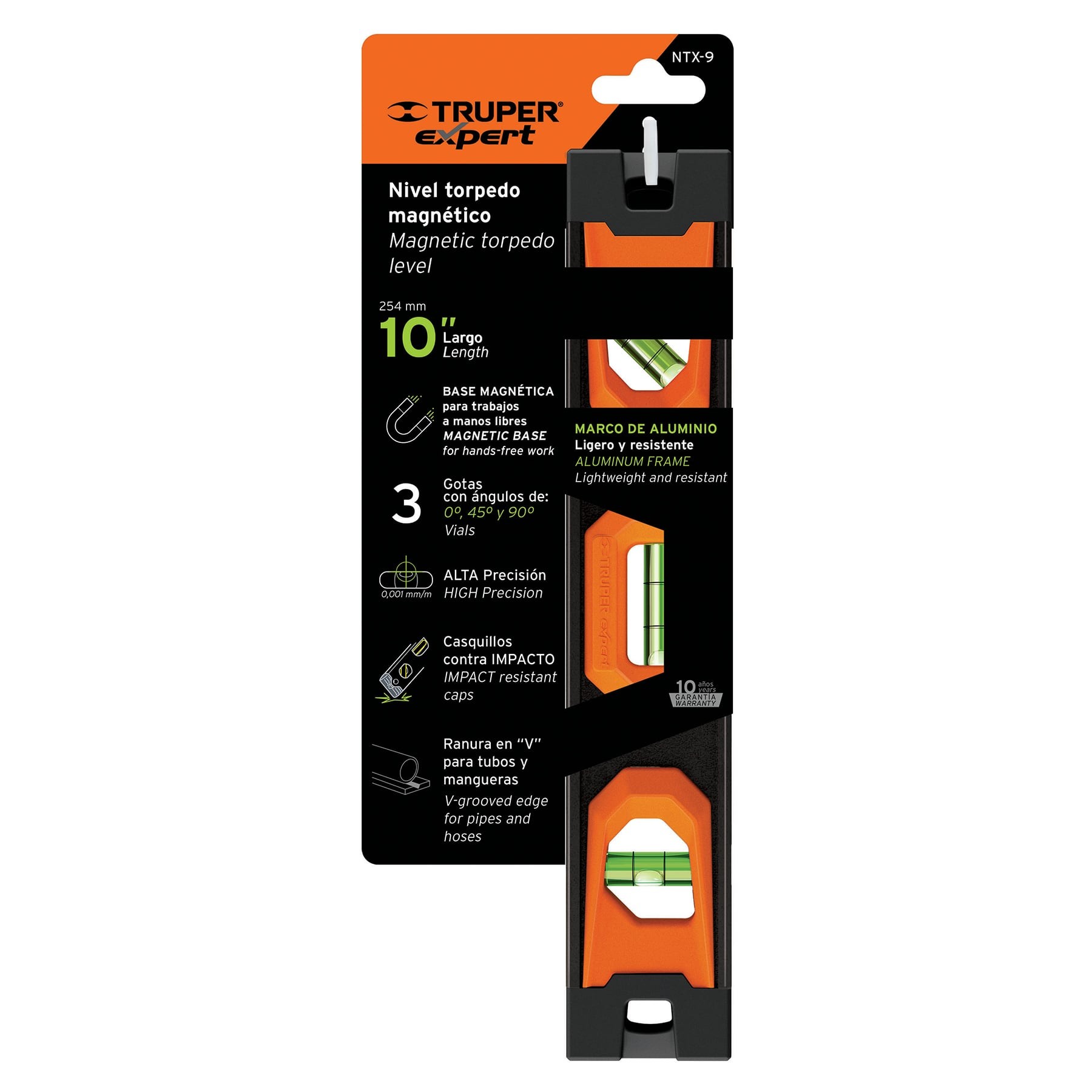 NIVEL TORPEDO MAGNÉTICO DE 10" CON CUERPO DE ALUMINIO, TRUPER EXPERT 17054