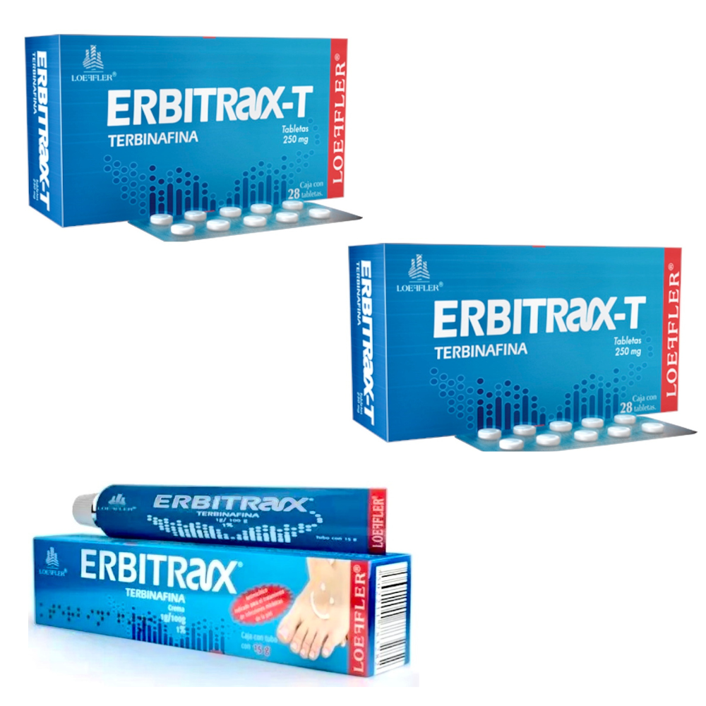 Tratamiento Medicamento Antimicótico Hongos Erbitax-T Terbinafina 2 Cajas 28 Pastillas c/u + 1 Crema Pomada de 15 g