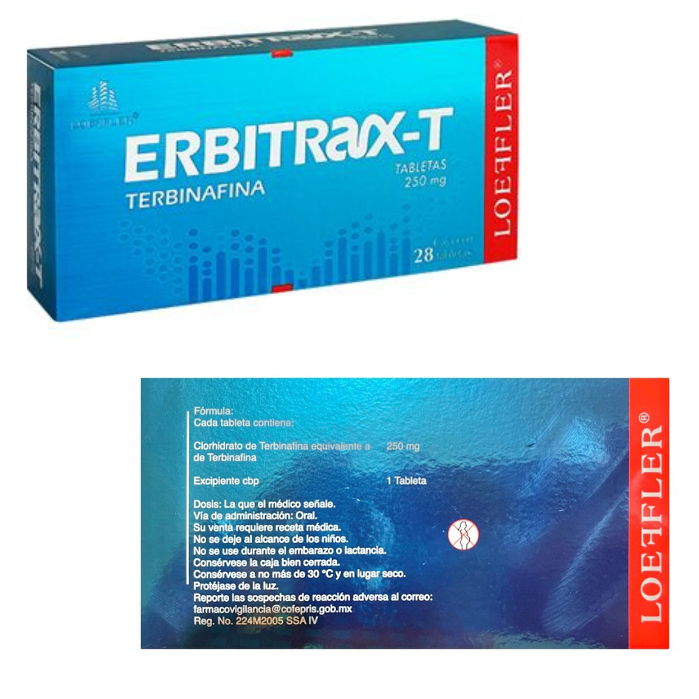 Tratamiento Medicamento Antimicótico Hongos Erbitax-T Terbinafina 2 Cajas 28 Pastillas c/u + 1 Crema Pomada de 15 g