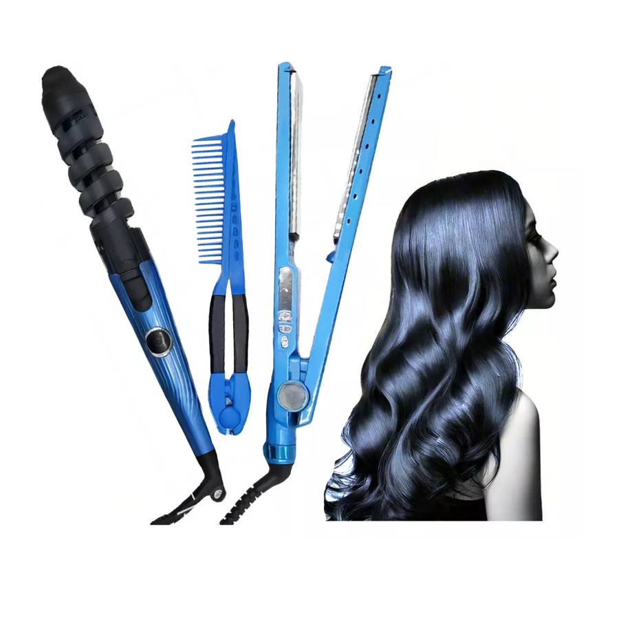 Kit De Plancha Alaciadora Rizadora Titanium Cabello Liso Rizado 3 En 1