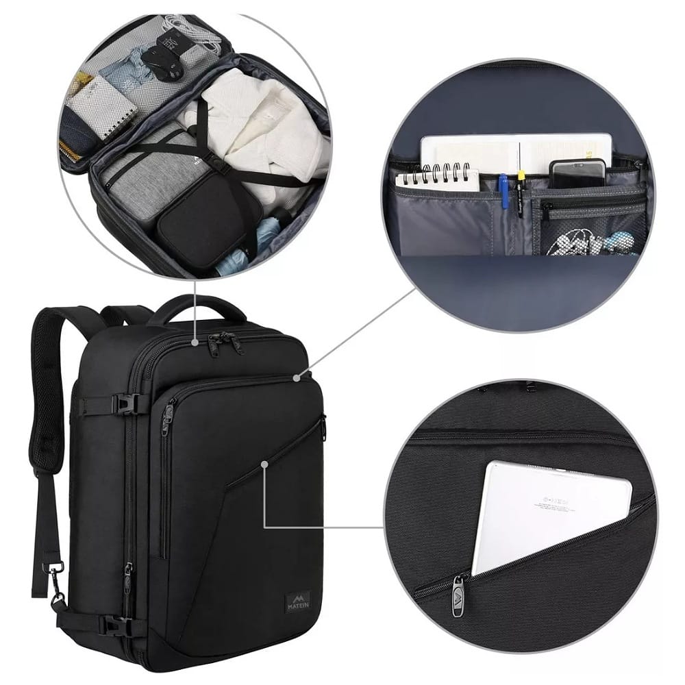 Mochila De Viaje Para Hombre, Aprobado Por Avión 10kg, Mochila De Mano Transporte, 40l Grande Espacio, Ideal Para Viaje Negocios, Impermeable Color NEGRO