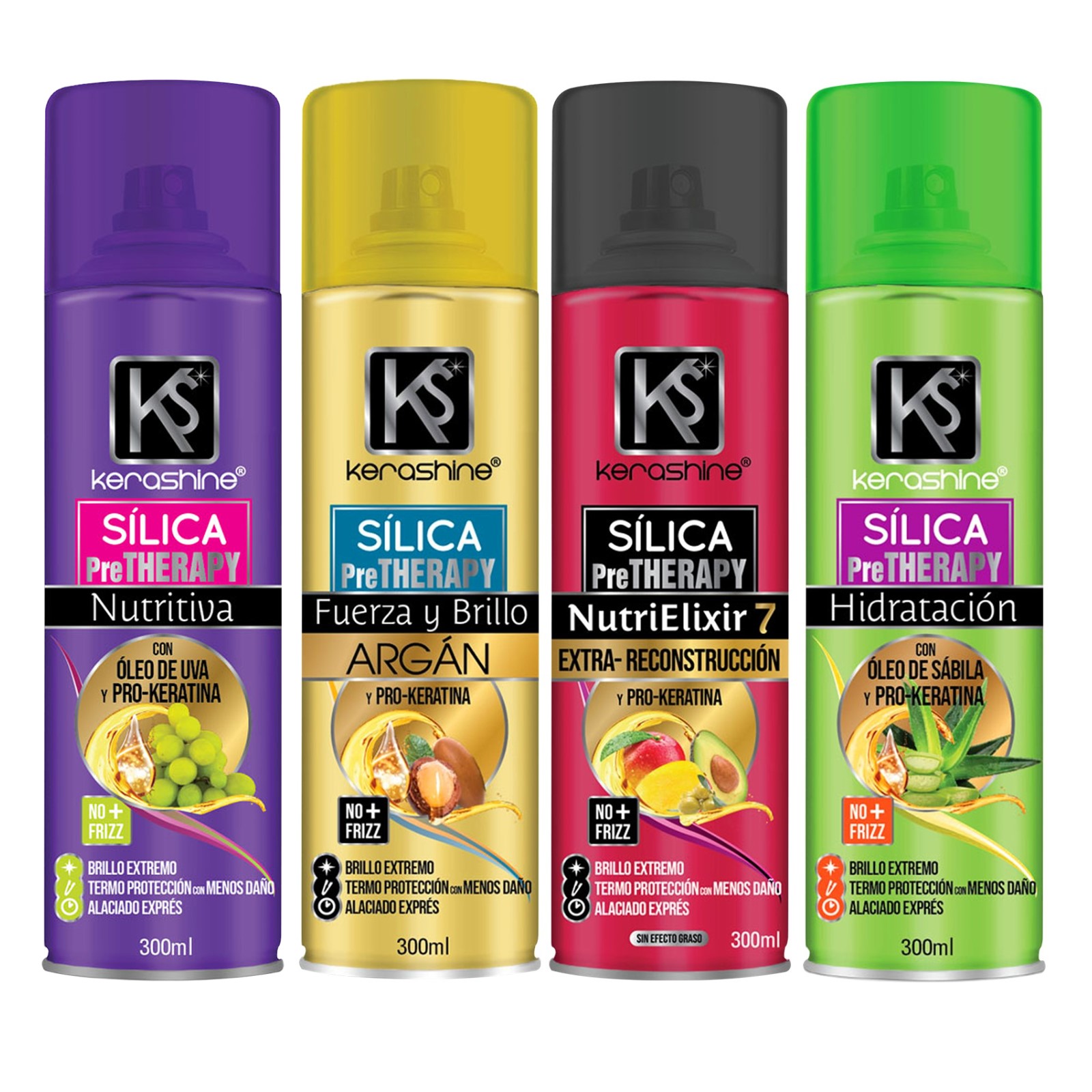 Kerashine Sílica Spray Sabila, Argan, Uva y Nutrielixir 300 ml C/U- 4 Pz