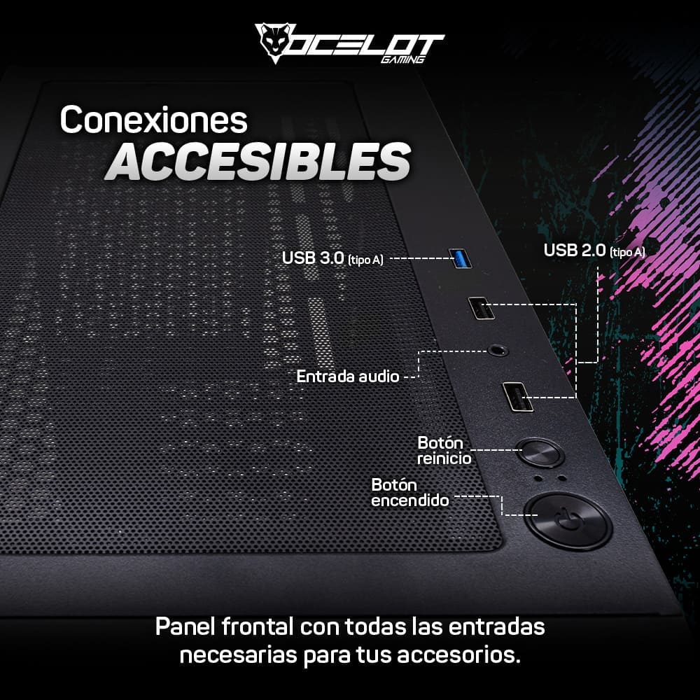 Gabinete Ocelot Gaming OC-HAVOC 3, E-ATX, Cristal Templado, incluye 3 Ventiladores ARGB, sin Fuente, Negro.