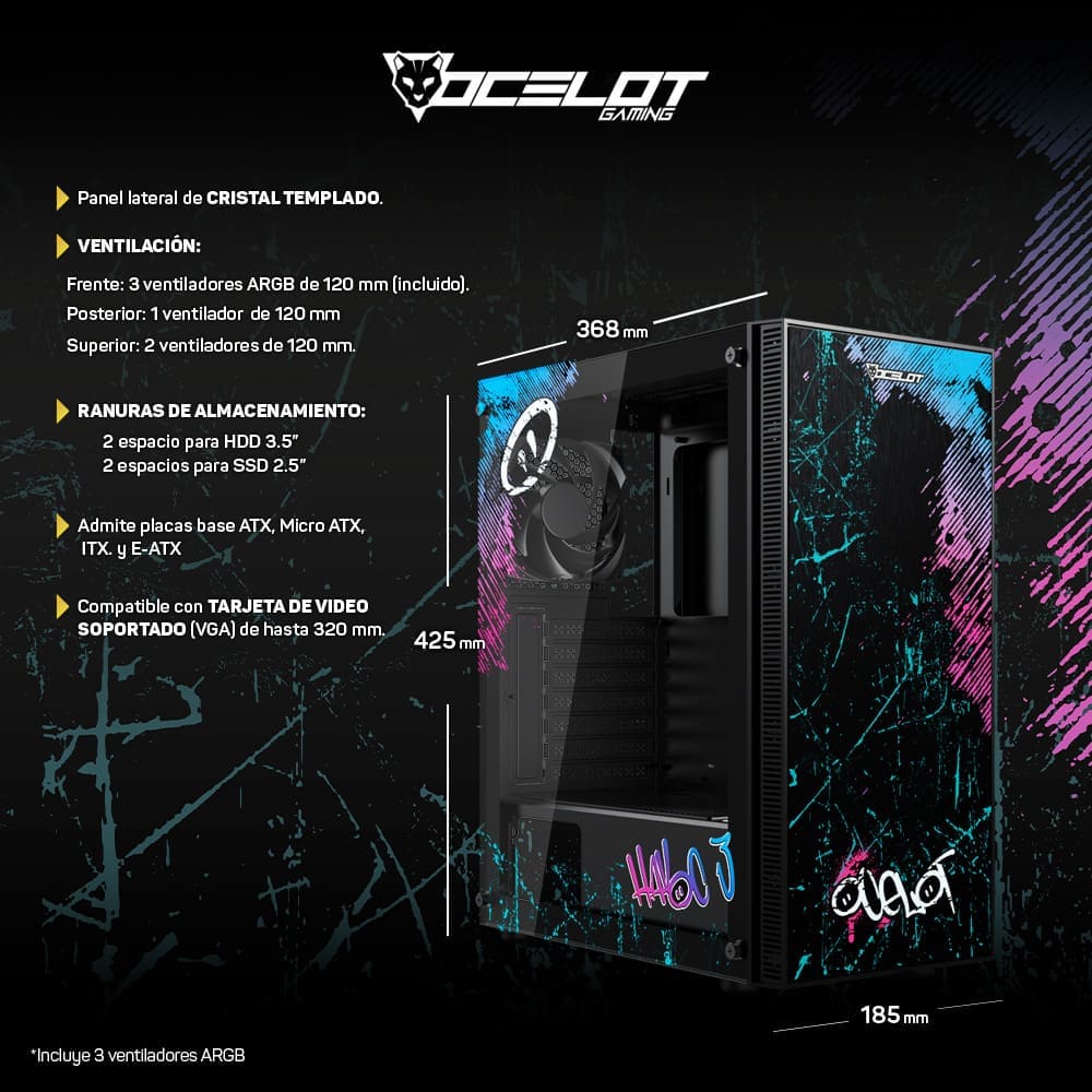 Gabinete Ocelot Gaming OC-HAVOC 3, E-ATX, Cristal Templado, incluye 3 Ventiladores ARGB, sin Fuente, Negro.