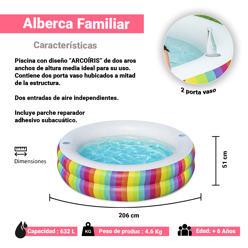 Alberca Familiar Piscina Inflable Con Porta Vasos Multicolor