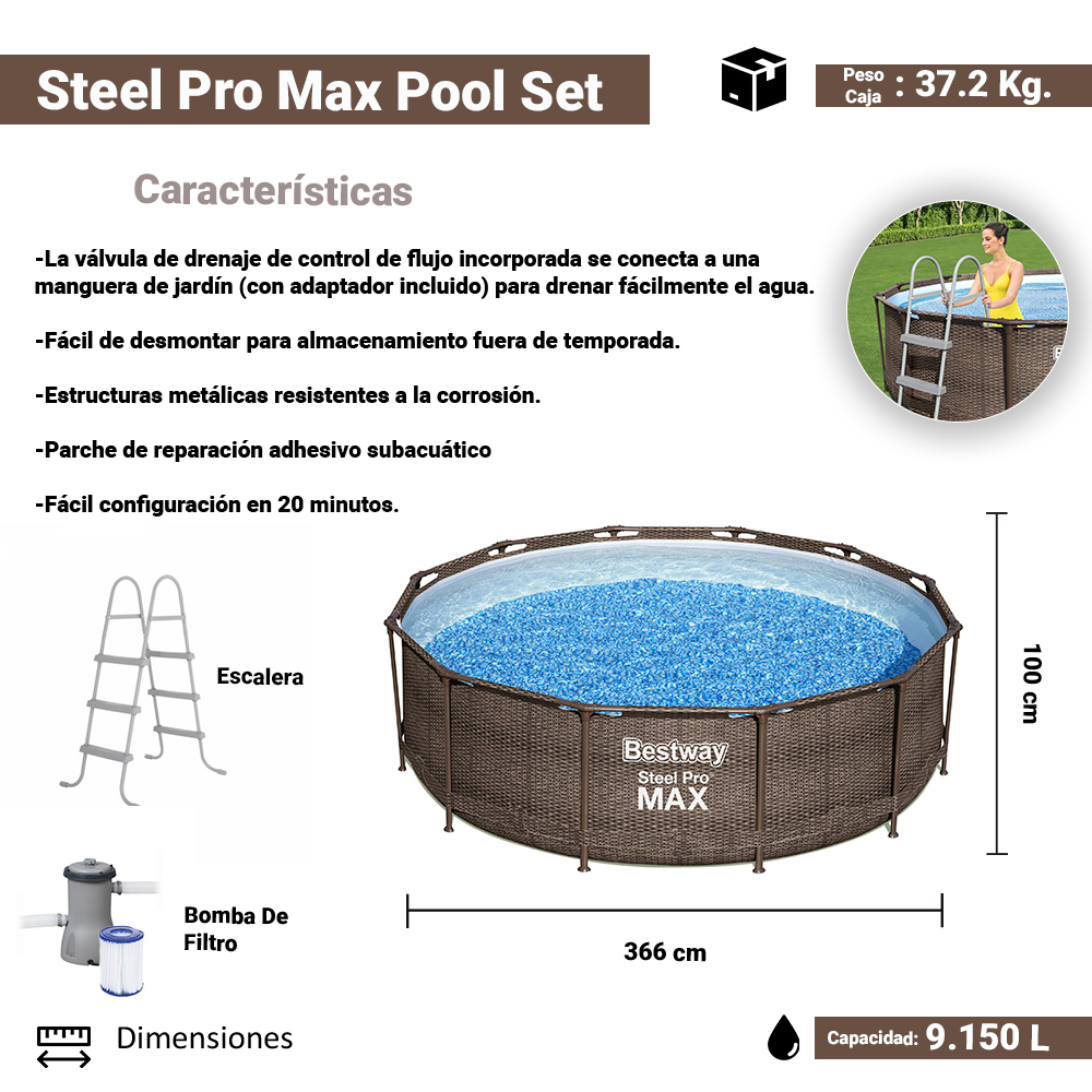 Alberca Estructural Redonda 3.66m Bestway Steel Pro Max