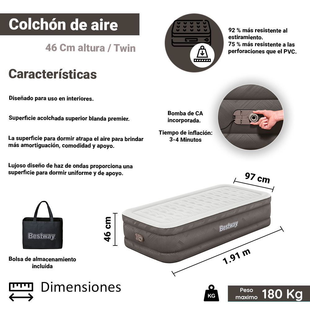 Colchón Inflable Individual Twin Bomba Integrada Bestway
