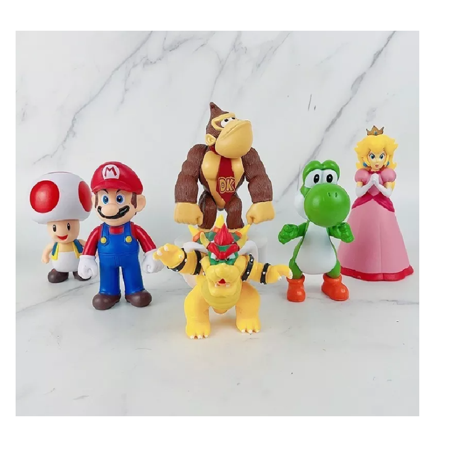 Kit de 6 Figuras Juguetes Super Mario Bros, Yoshi, Peach, Toad, Bowser, Donkey Kong