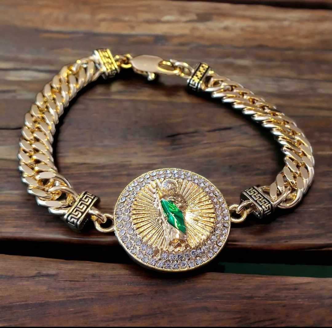 Esclava/Pulsera San Judas Tadeo de oro laminado de 18 kilates, medalla redonda