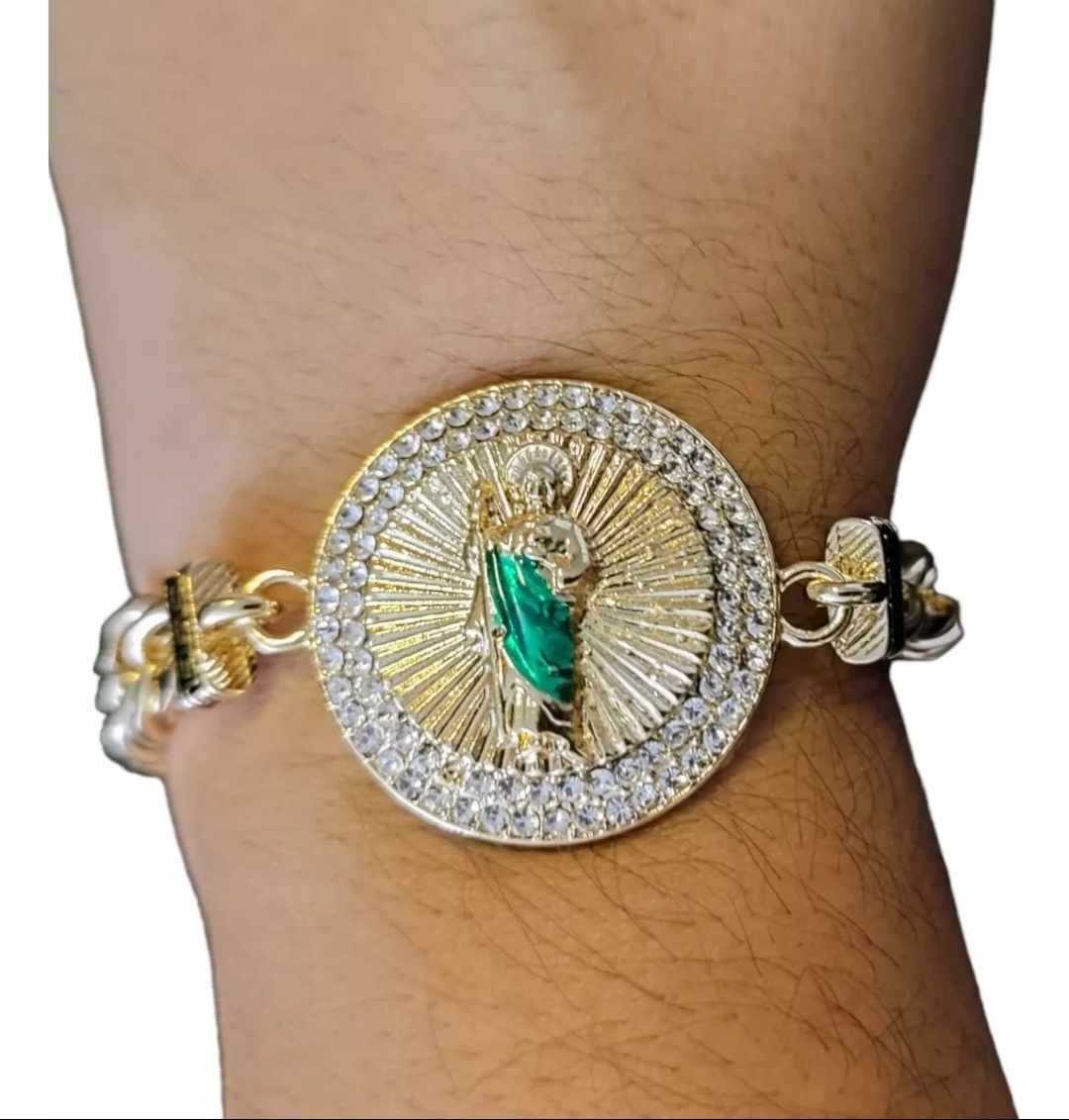 Esclava/Pulsera San Judas Tadeo de oro laminado de 18 kilates, medalla redonda
