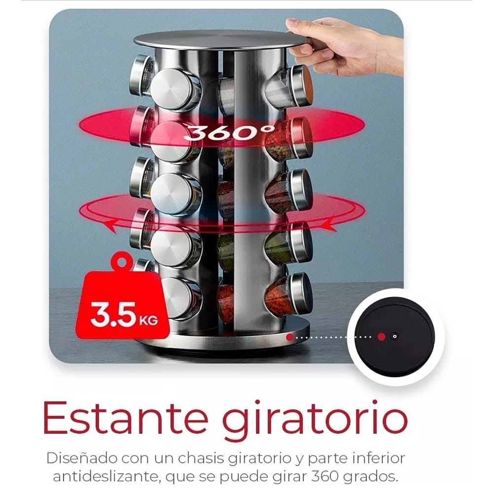 Especiero Giratorio 20 Tarros Vidrio Organizador P/ Especias Color Plateado