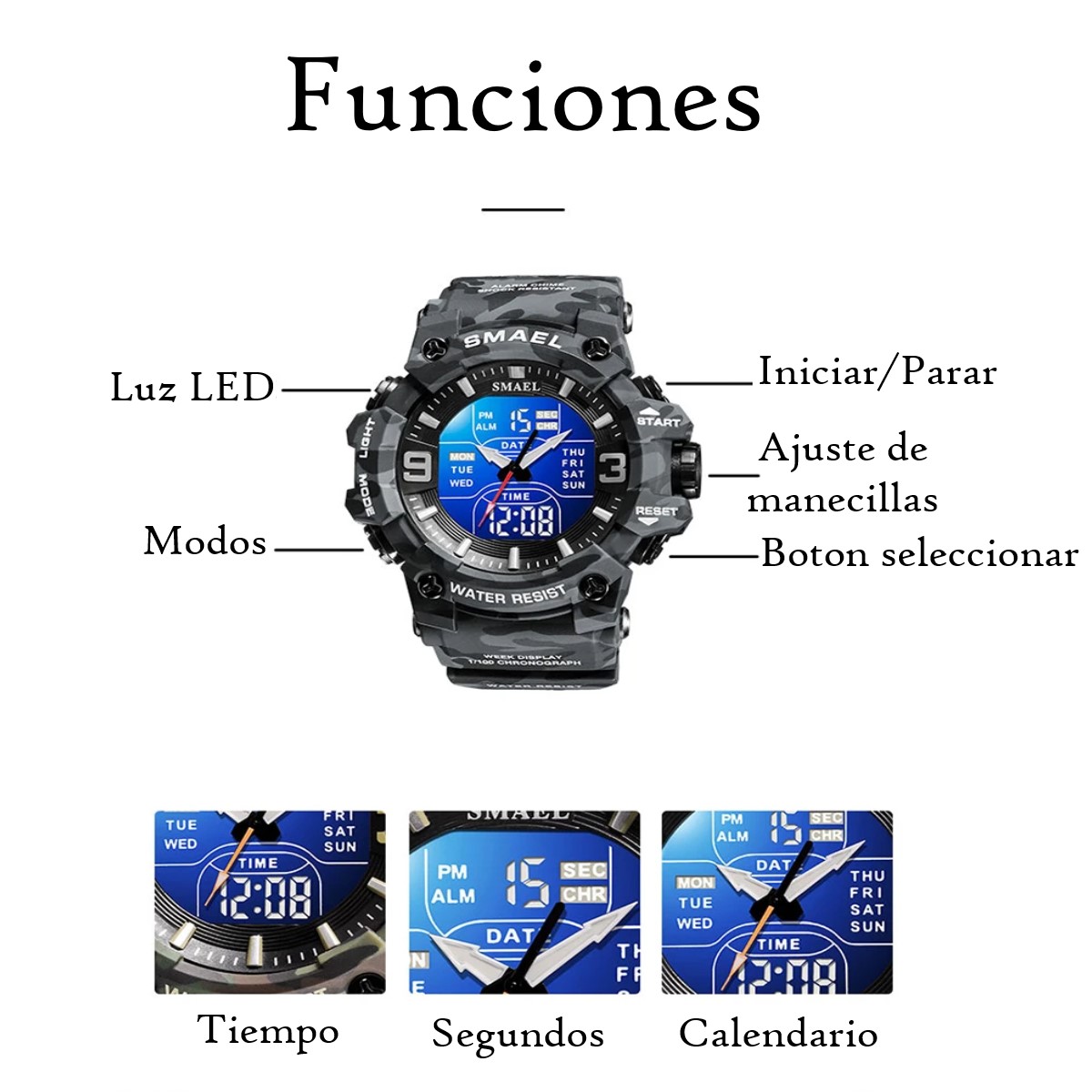 Reloj deportivo azul cronógrafo Digital camuflaje resistente agua pantalla Dual analógica led luz