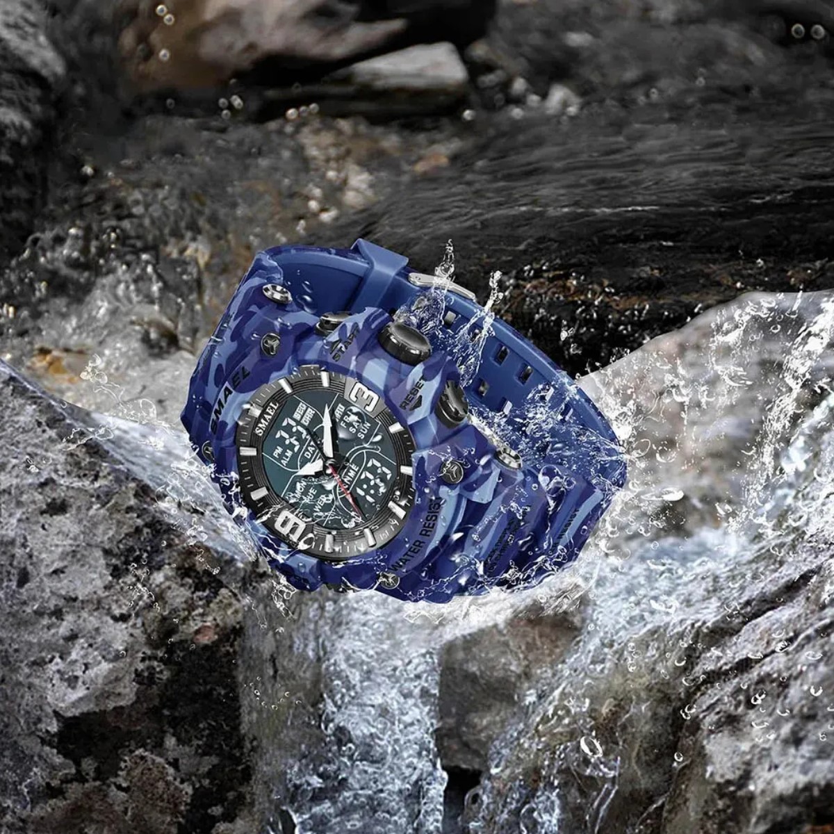 Reloj deportivo azul cronógrafo Digital camuflaje resistente agua pantalla Dual analógica led luz