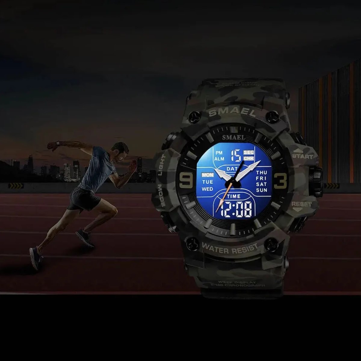 Reloj deportivo azul cronógrafo Digital camuflaje resistente agua pantalla Dual analógica led luz