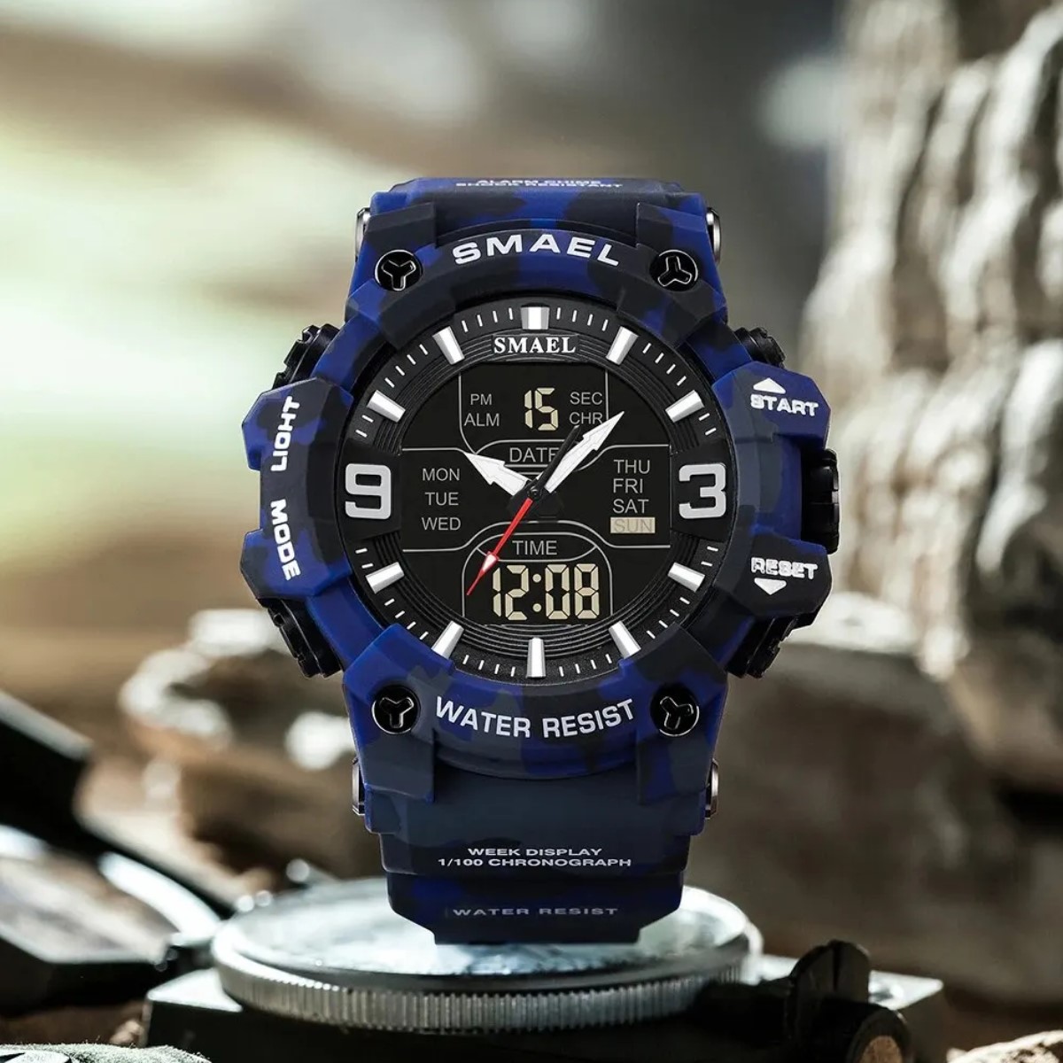 Reloj deportivo azul cronógrafo Digital camuflaje resistente agua pantalla Dual analógica led luz