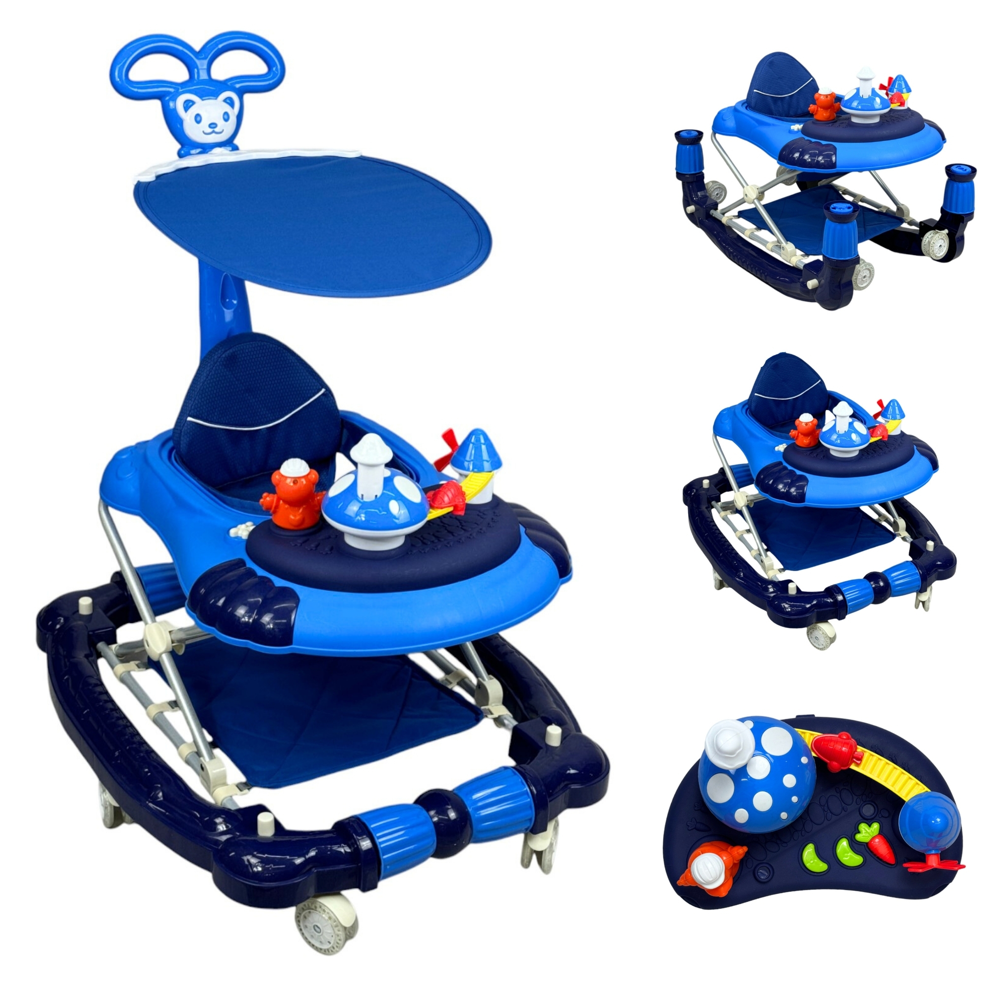 Andadera para Bebe Caminadora Plegable 3en1 Juguetero Musical Mecedora Hongo  - Azul.