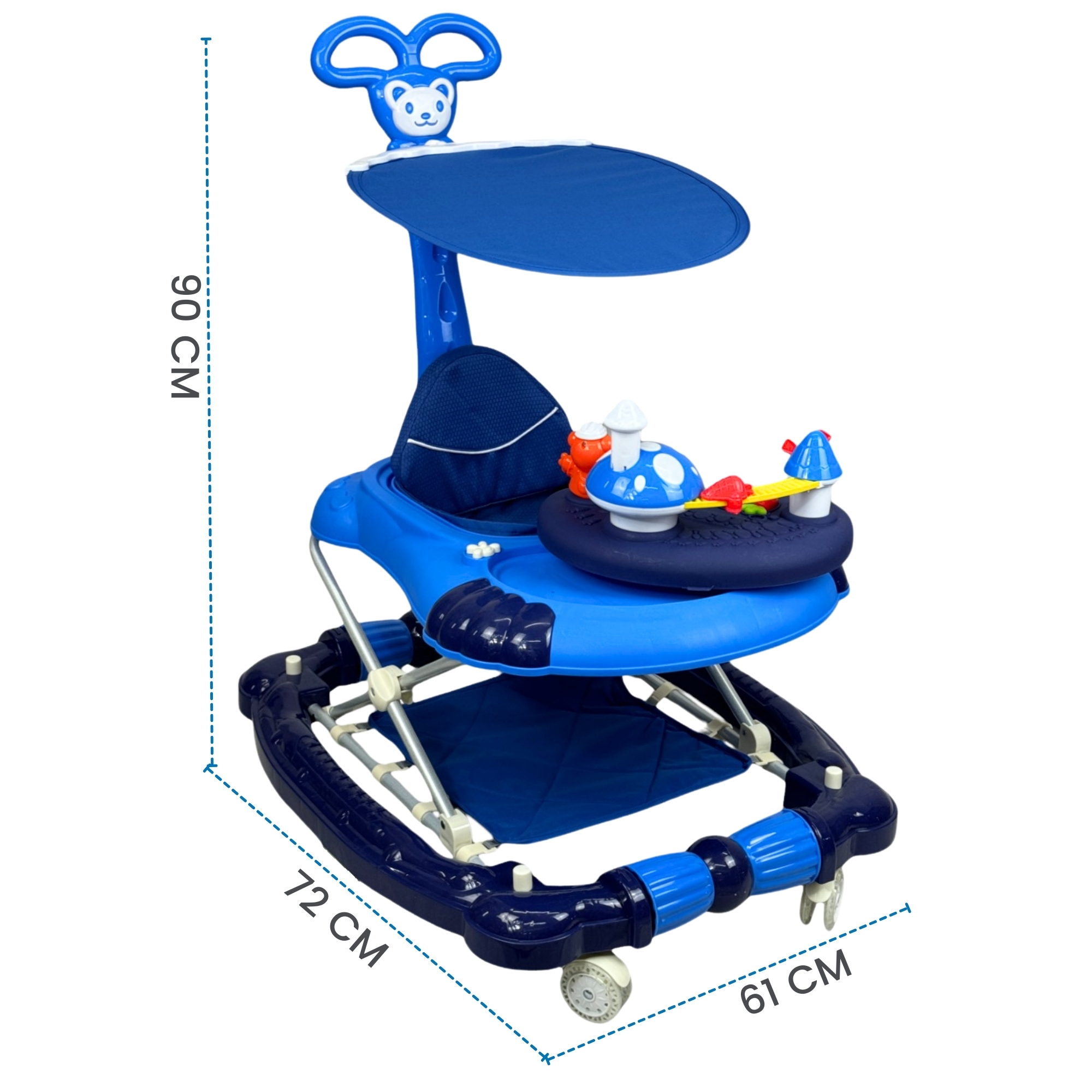 Andadera para Bebe Caminadora Plegable 3en1 Juguetero Musical Mecedora Hongo  - Azul.