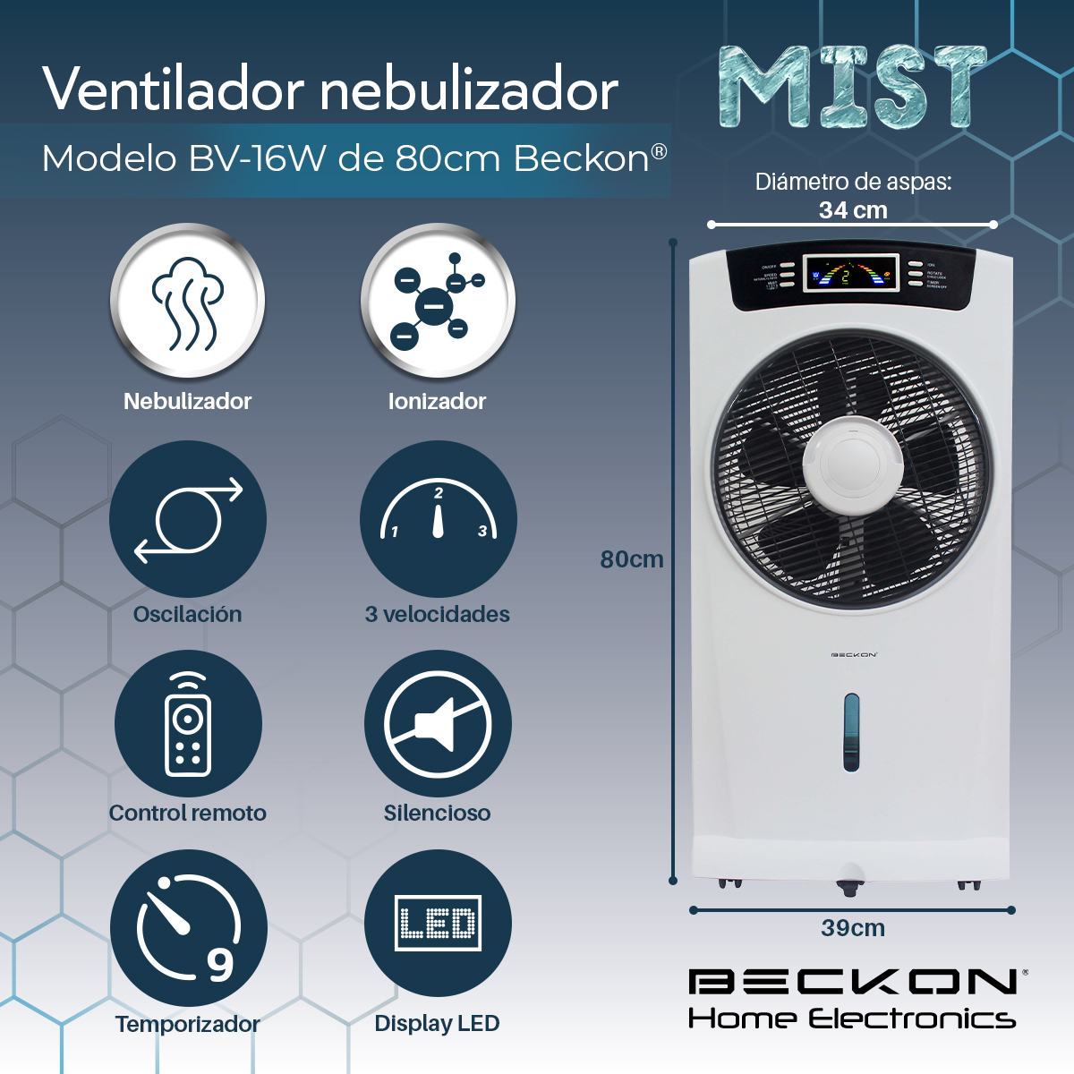 Ventilador hogar Humidificador misting fan Rociador Nebulizador Brisa Agua 80cm Ionizador Purificador de aire Silencioso con Control remoto Beckon