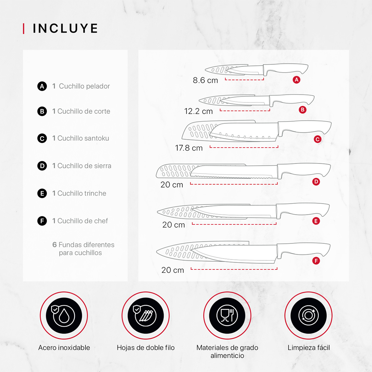 Juego Set de 6 Cuchillos Cocina Acero Inoxidable con Fundas Cookify.