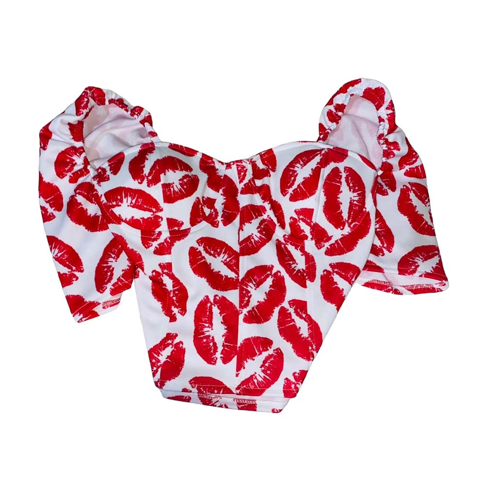 Blusa Top Unitalla San Valentín Blanca Con Besos Tipo Crop Top.