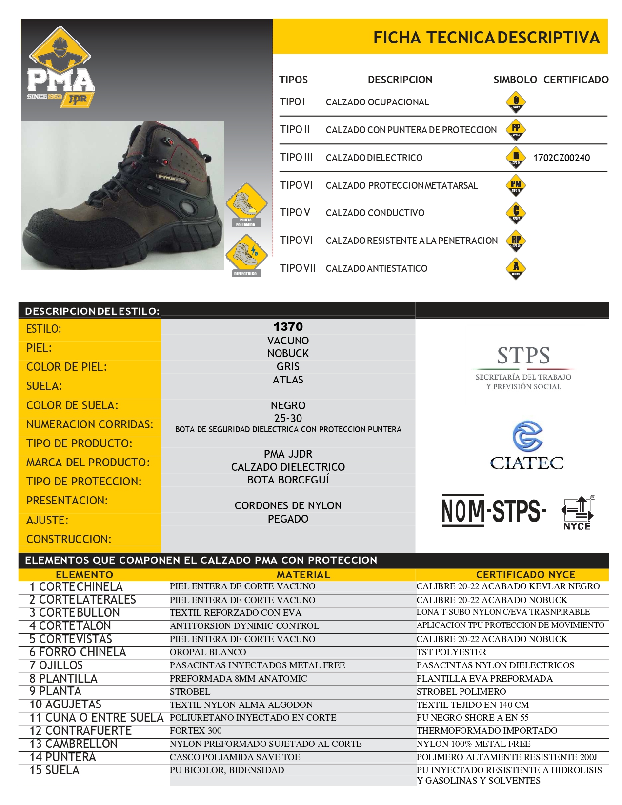 Bota De Seguridad De Piel Industrial Dielectrico Pma 1370