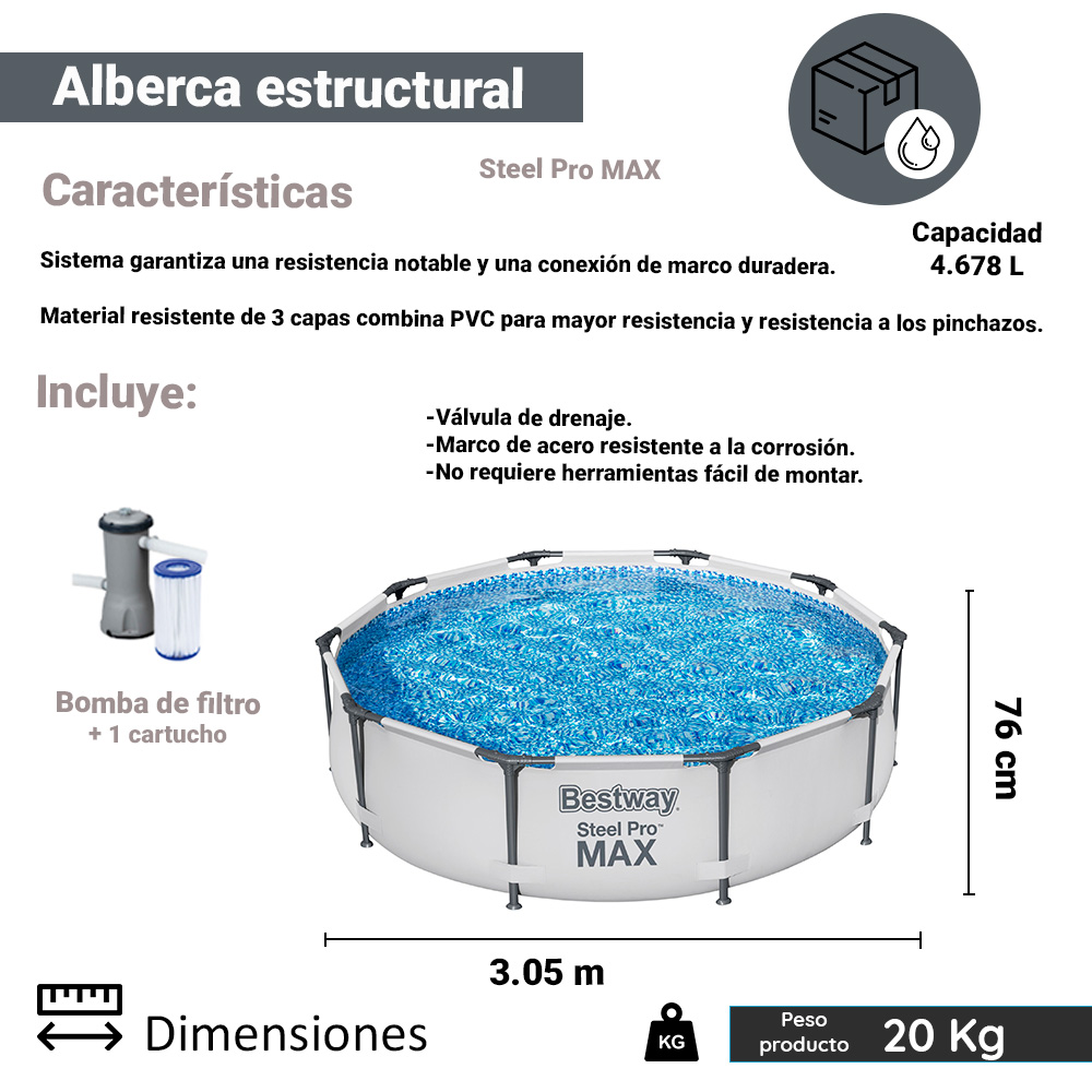 Alberca Piscina Familiar Redonda Gris Estructural 3.05 m + Bomba Bestway