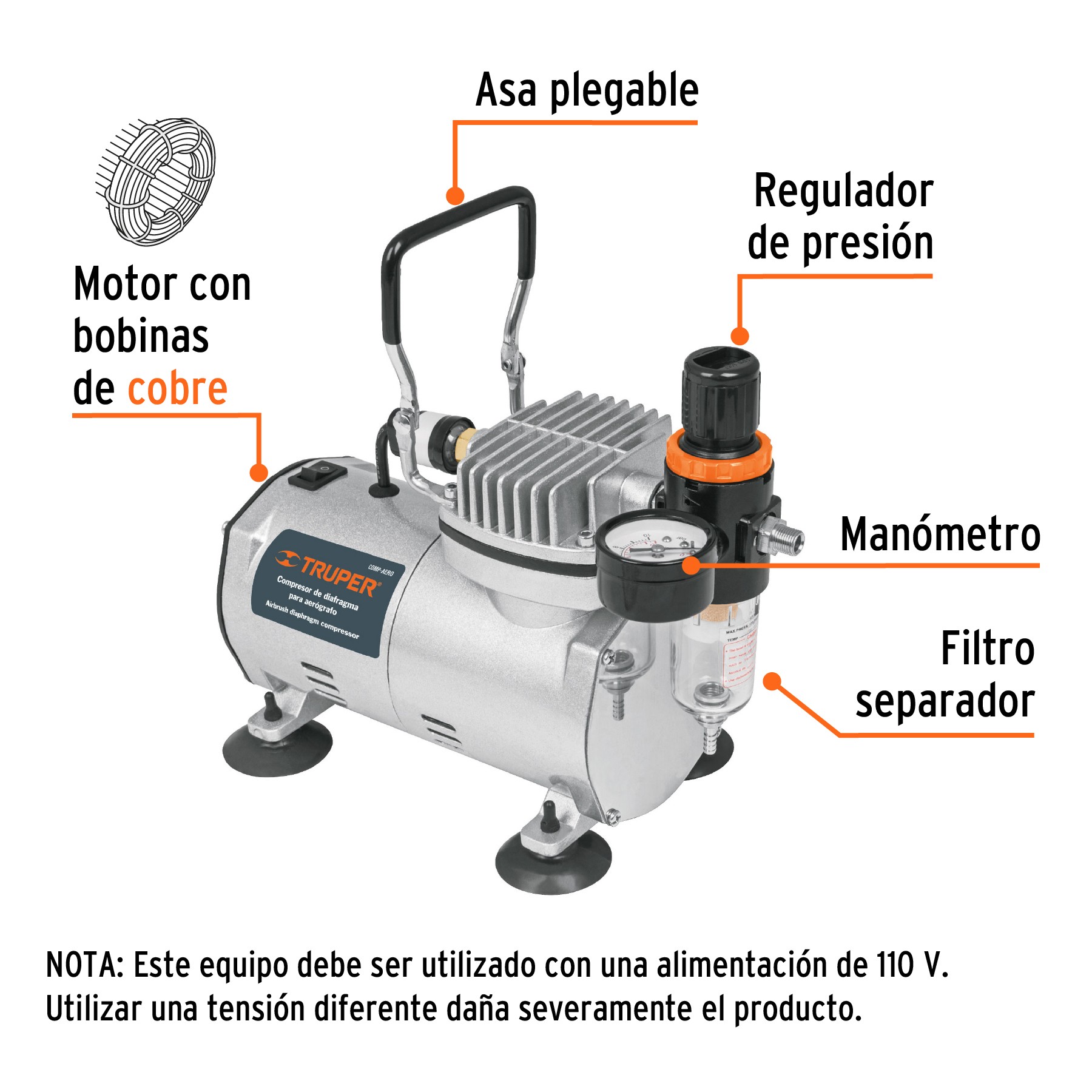COMPRESOR DE DIAFRAGMA PARA AERÓGRAFO, 1/5 HP, 110 V TRUPER 17247