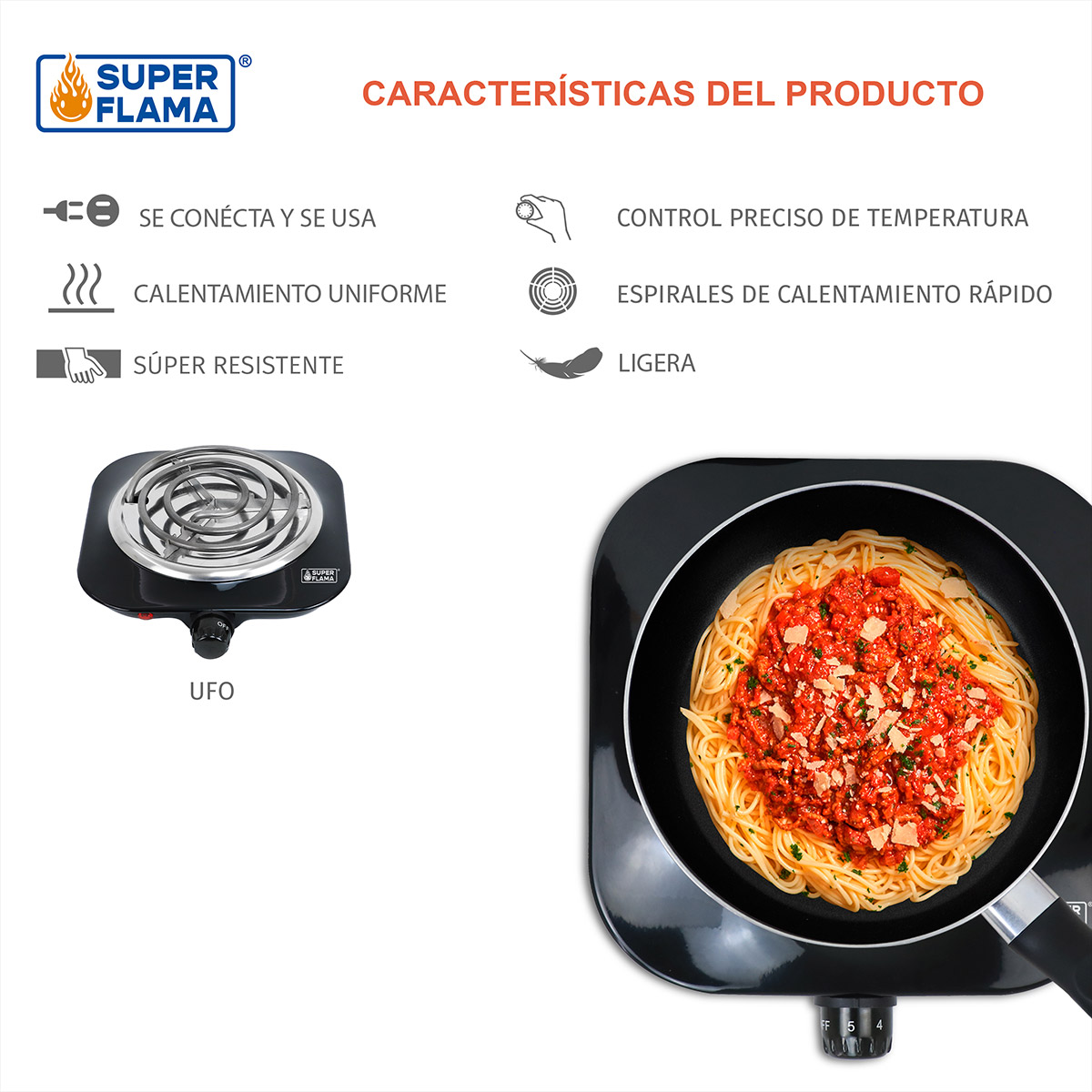 PARRILLA ELÉCTRICA DE UNA RESISTENCIA CON TERMOSTATO DE 1000 W SUPER FLAMA
