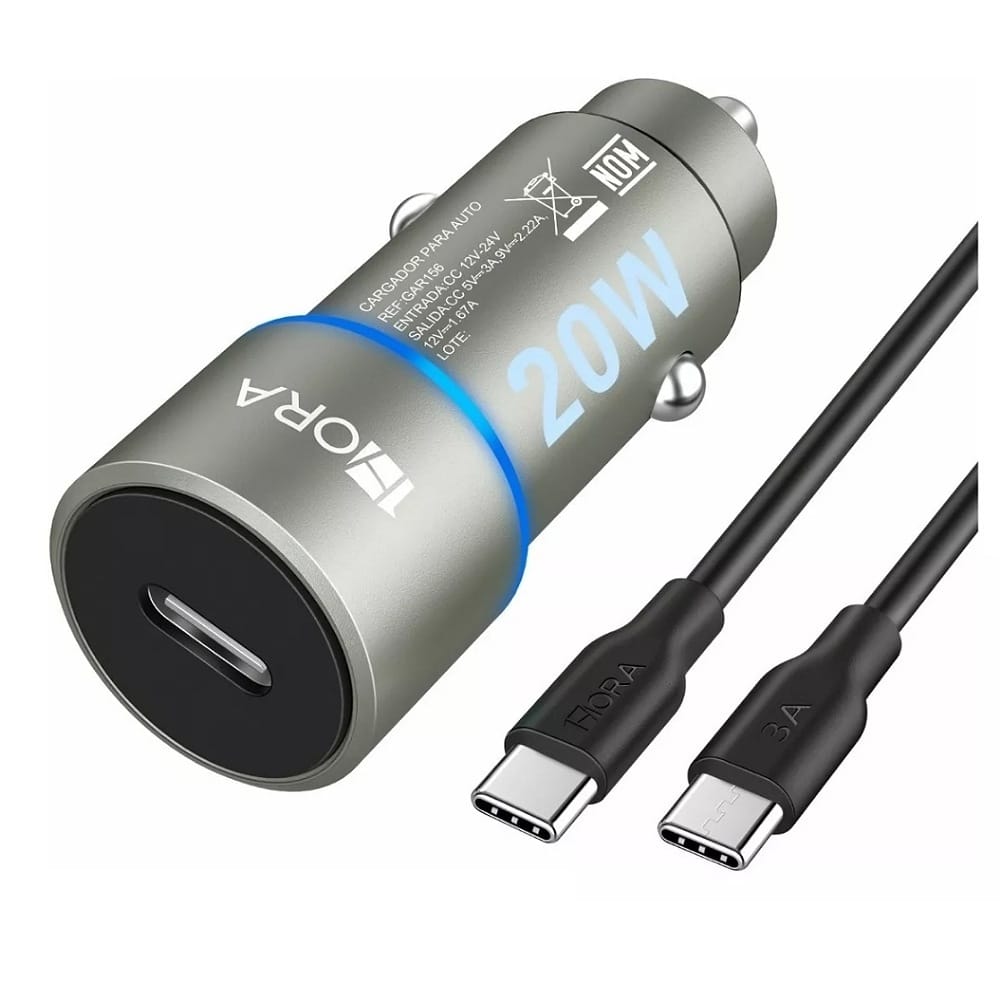 Turbo Cargador Para Auto Tipo C Combo Pd 20W con cable tipo c Carga Rápida En Carro Coche Compatible con Samsung Motorola Huawei Xiaomi Sony HTC 1 Hora GAR156