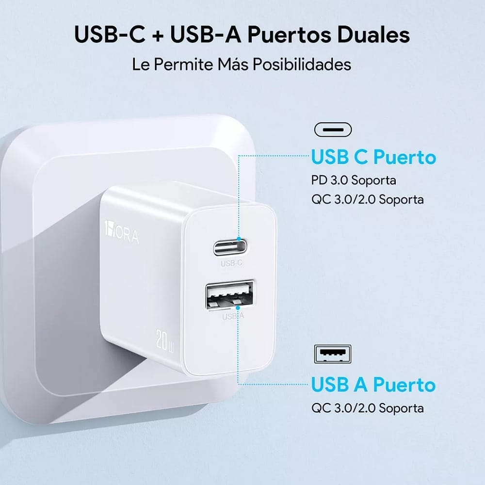 Cargador Carga Rápida con Salida Dual Usb+c 20w Compatible con Iphone/Samsung/Motorola 1hora Gar161