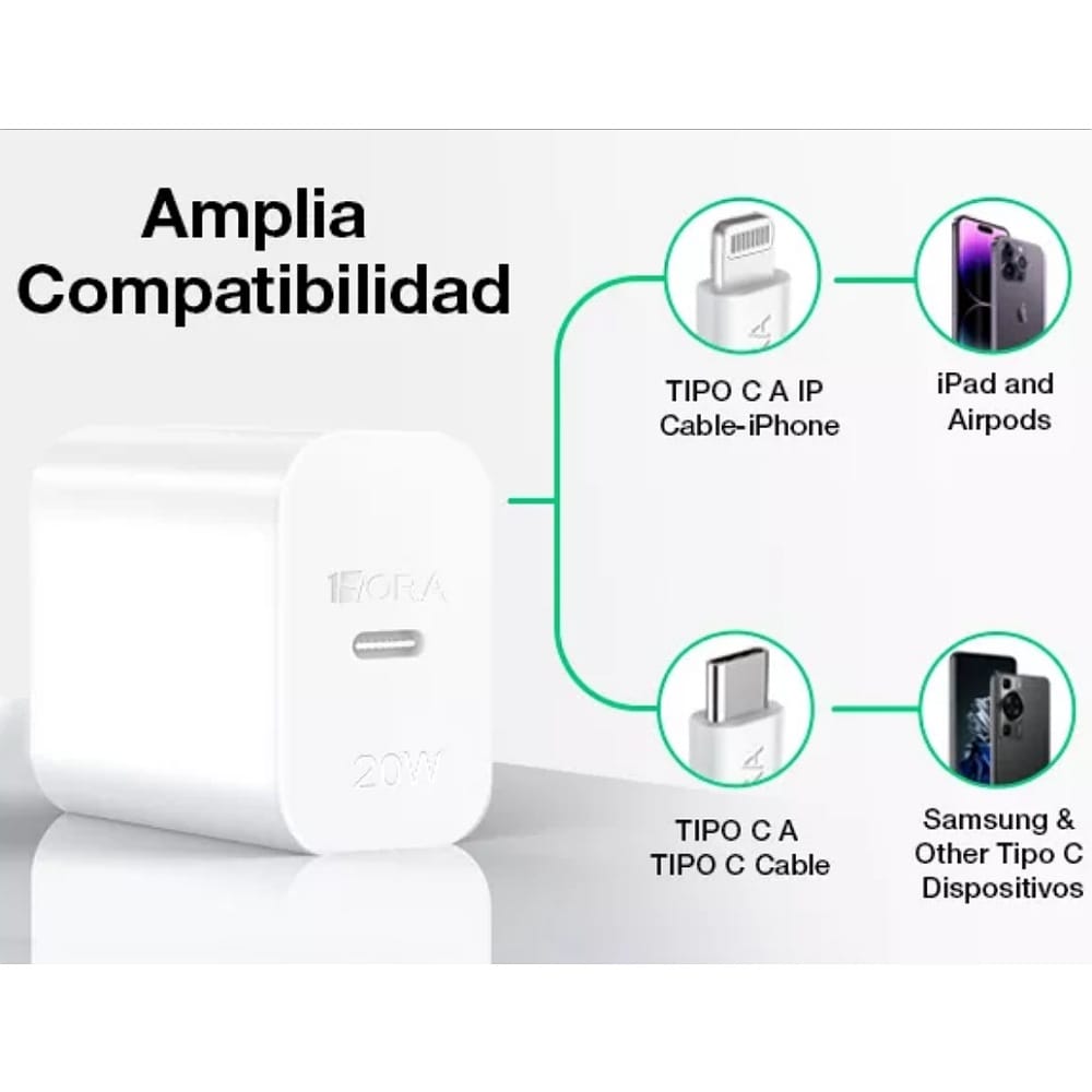 Cargador Tipo C Adaptador Carga Rapida 20w Pd compatible con iPhone X Xr 11 12 13 14 Samsung Huawei 1Hora Gar152