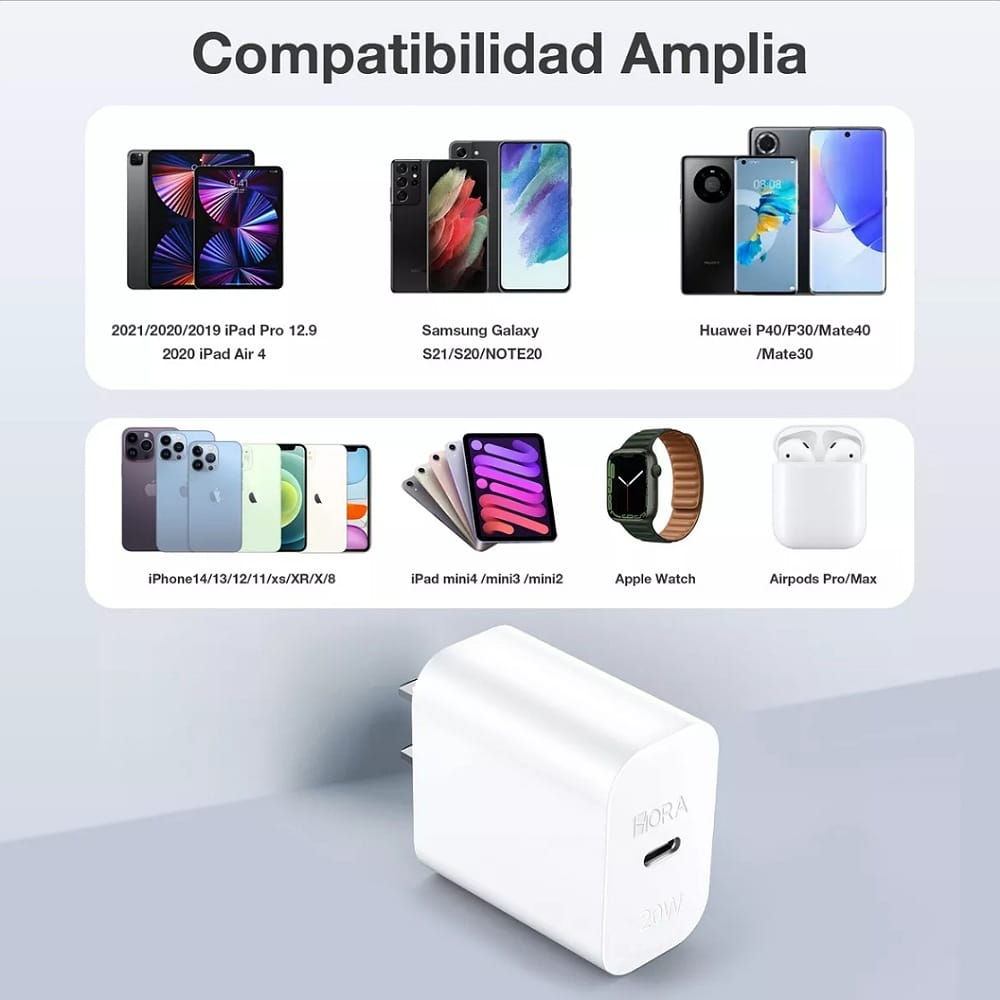 Cargador Tipo C Adaptador Carga Rapida 20w Pd compatible con iPhone X Xr 11 12 13 14 Samsung Huawei 1Hora Gar152