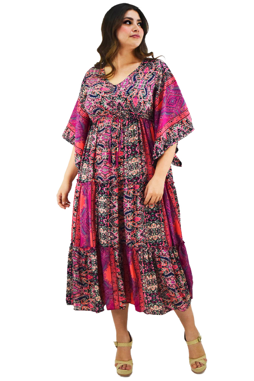Vestidos boho con falda de encaje y chiffon en capas Fucsia Tallas Grandes