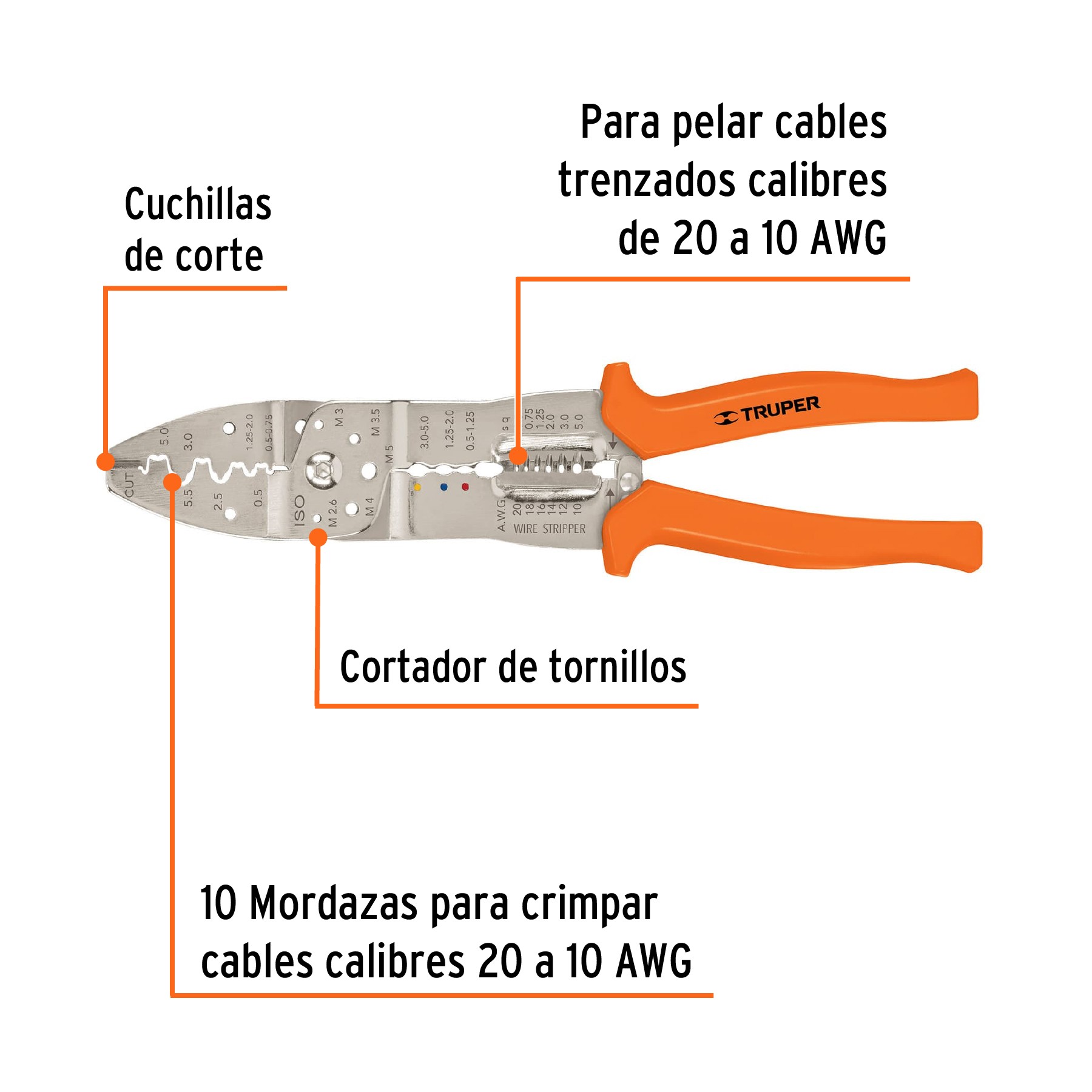 PINZA 10" PELA CABLES 20 A 10 AWG, TRUPER 17358
