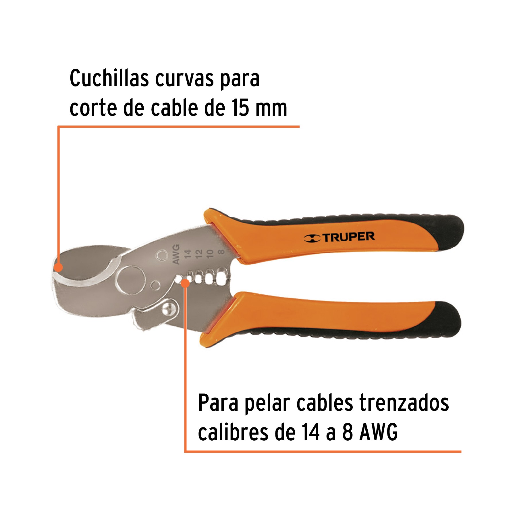 PINZA PROFESIONAL 7" PELA CABLES Y CORTA CABLES, 14 A 8 AWG TRUPER 17378