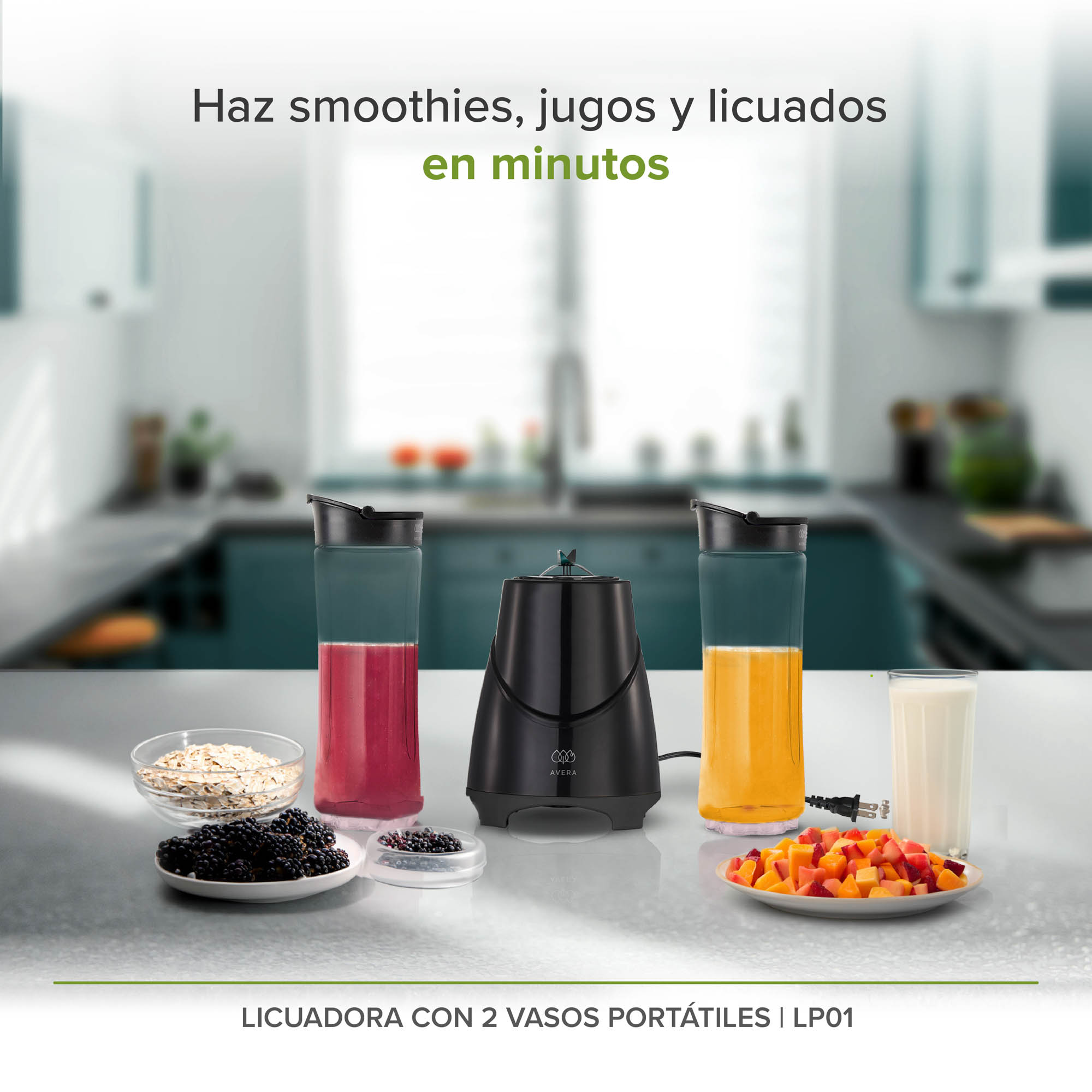 Licuadora Con Cable De 2 Vasos Portátiles Con Tapa De 600 ML C/U  Avera LP01 