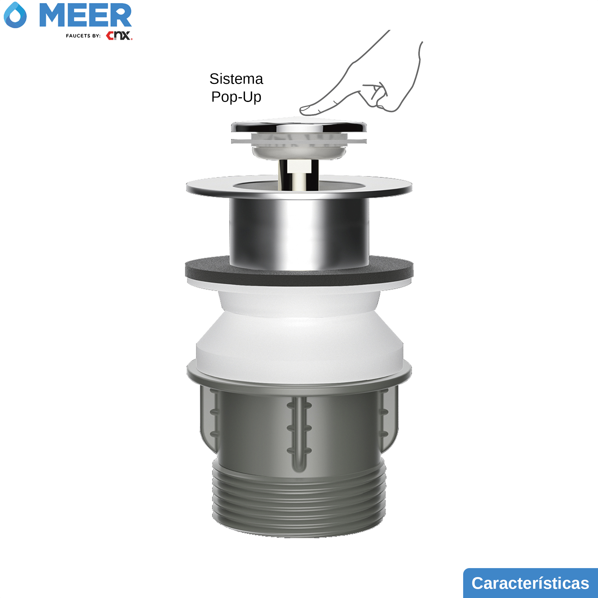 MEER Faucets by CNX | Desagüe Emergente de Acero Inoxidable y ABS con Botón Pop-Up para Lavabos, Cocinas y Bañeras