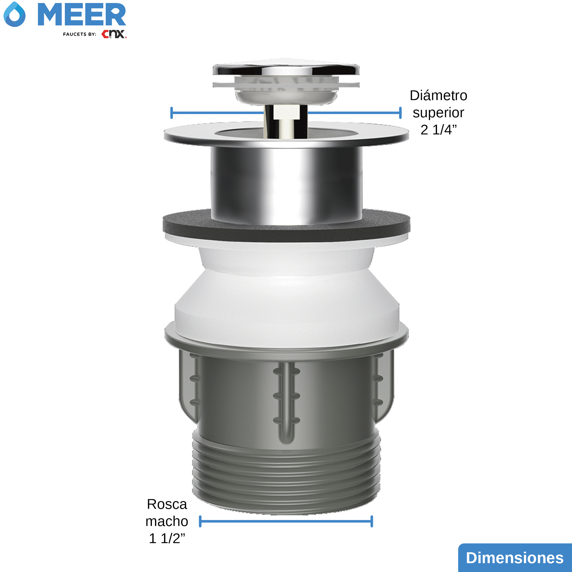 MEER Faucets by CNX | Desagüe Emergente de Acero Inoxidable y ABS con Botón Pop-Up para Lavabos, Cocinas y Bañeras