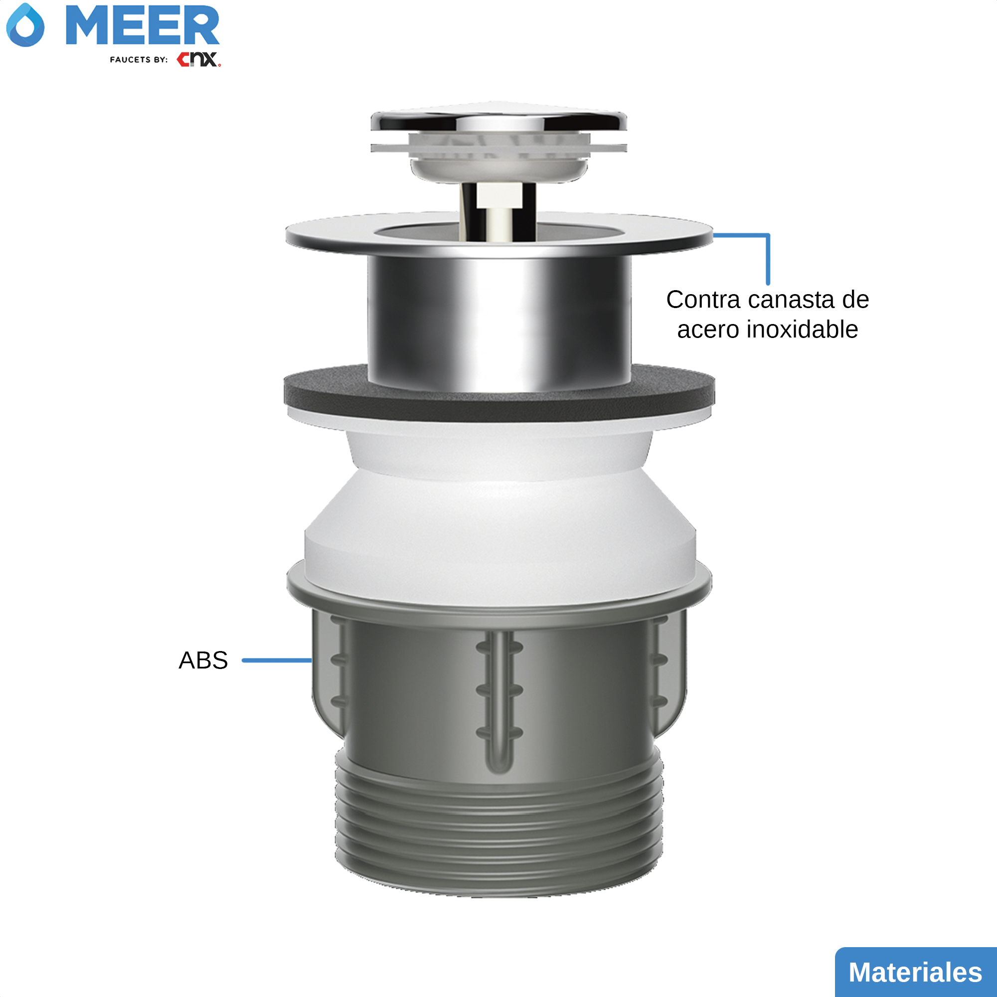 MEER Faucets by CNX | Desagüe Emergente de Acero Inoxidable y ABS con Botón Pop-Up para Lavabos, Cocinas y Bañeras