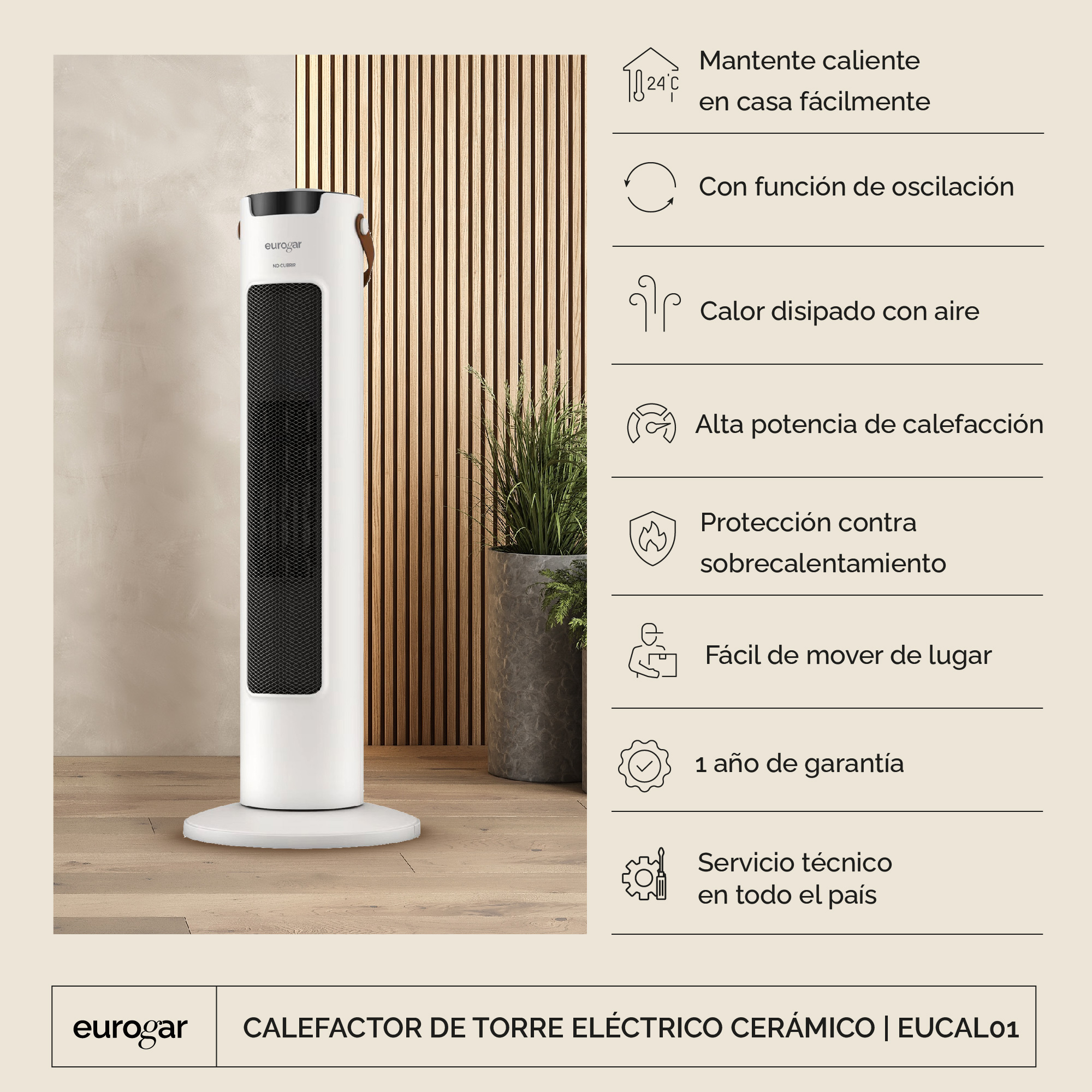 Calentador Calefactor Torre Eléctrico PTC Cerámico 1500 Watts Eurogar EUCAL01