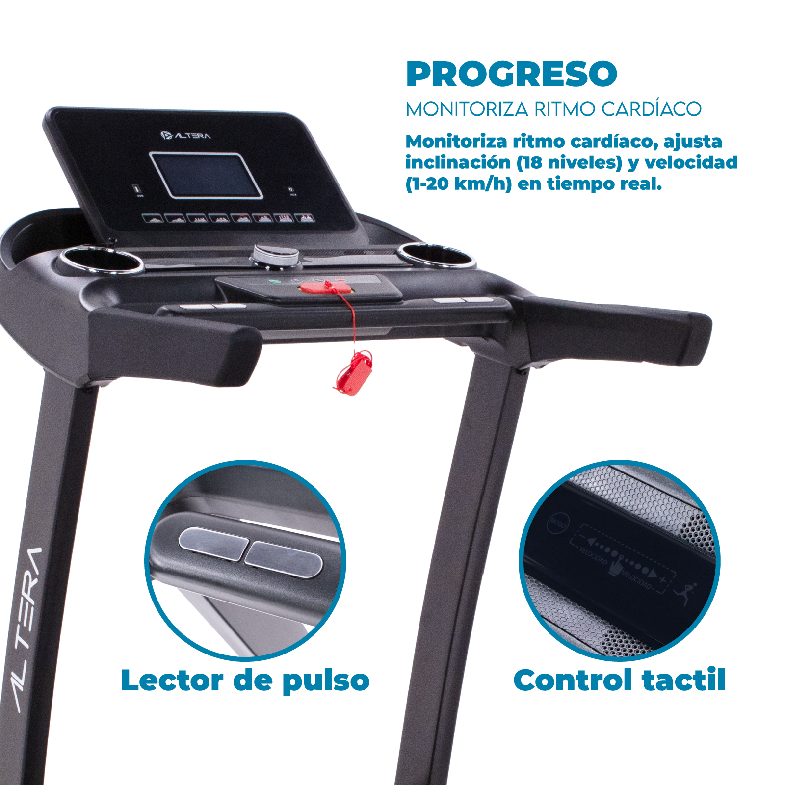 Altera Caminadora eléctrica | 4 HP | 12 programas de ejercicio. | 1 a 20 Km/h | bluetooth y App móvil | Plegable